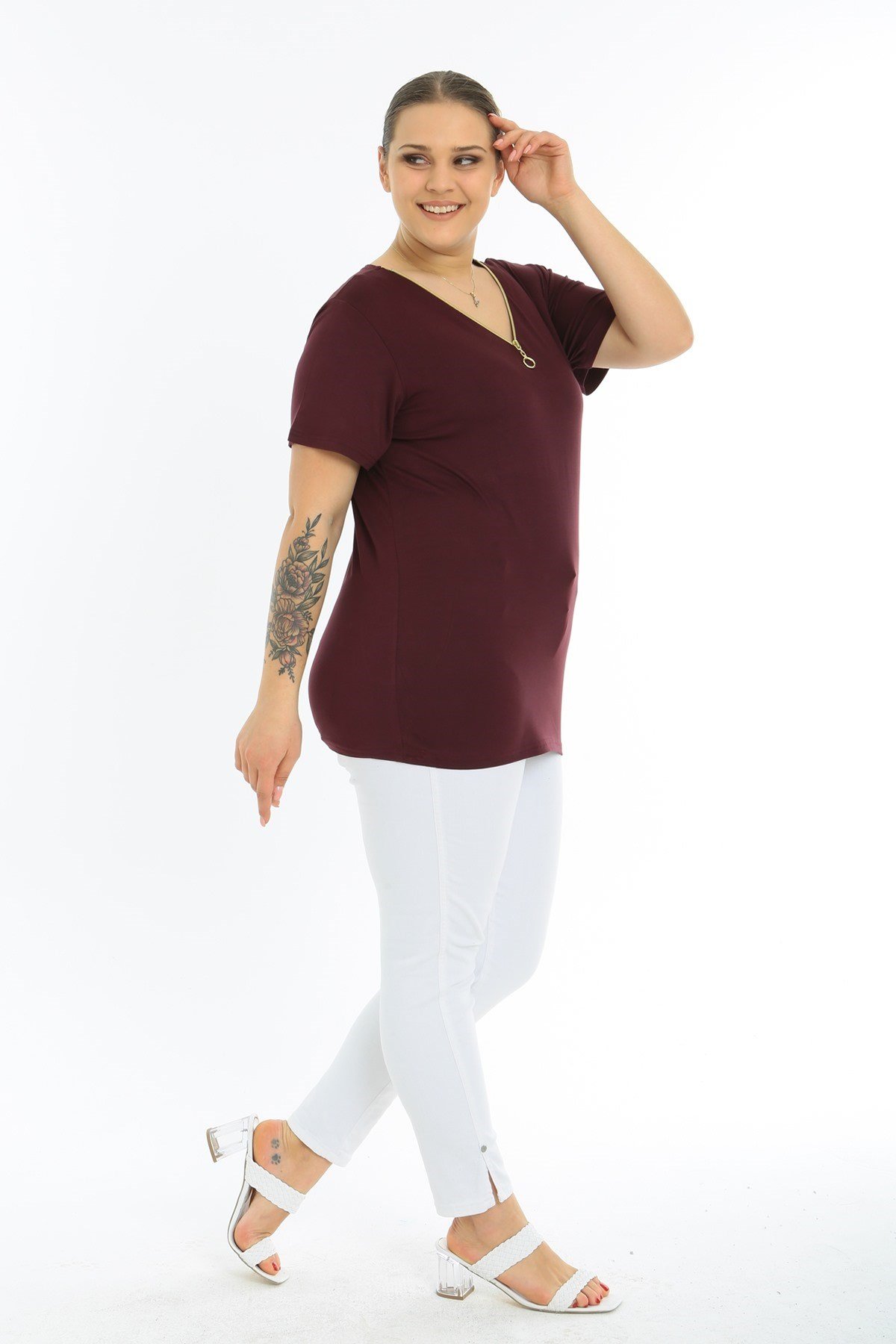 Fermuarlı Kısa Kol Büyük Beden Bordo Bluz