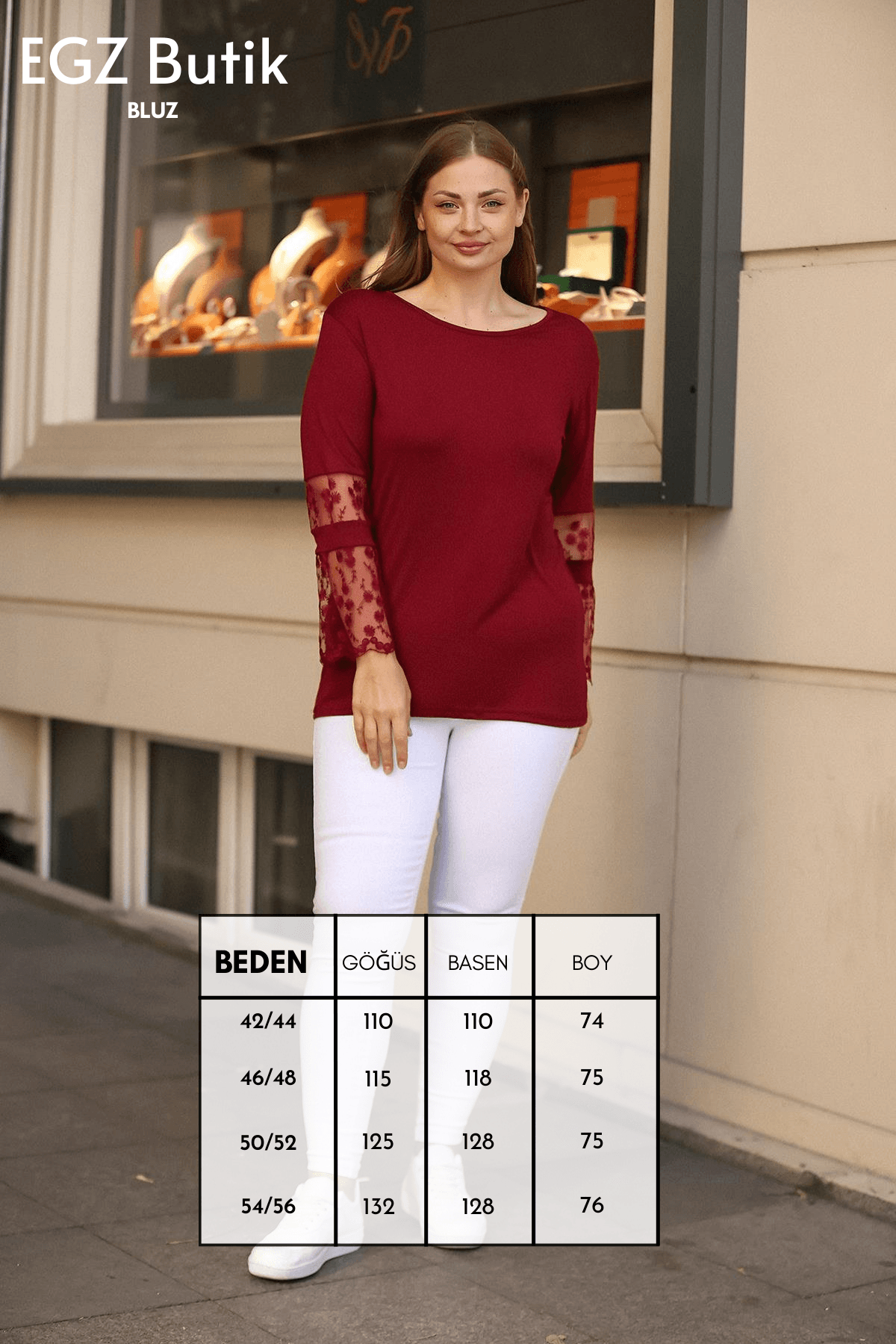 Kolları Dantel Desenli Büyük Beden Bordo Bluz