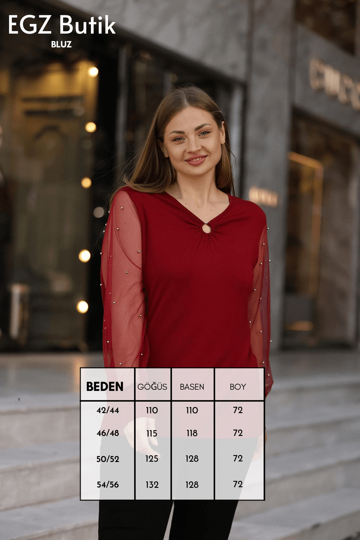 Kolları Tüllü İncili Büyük Beden Bordo Bluz