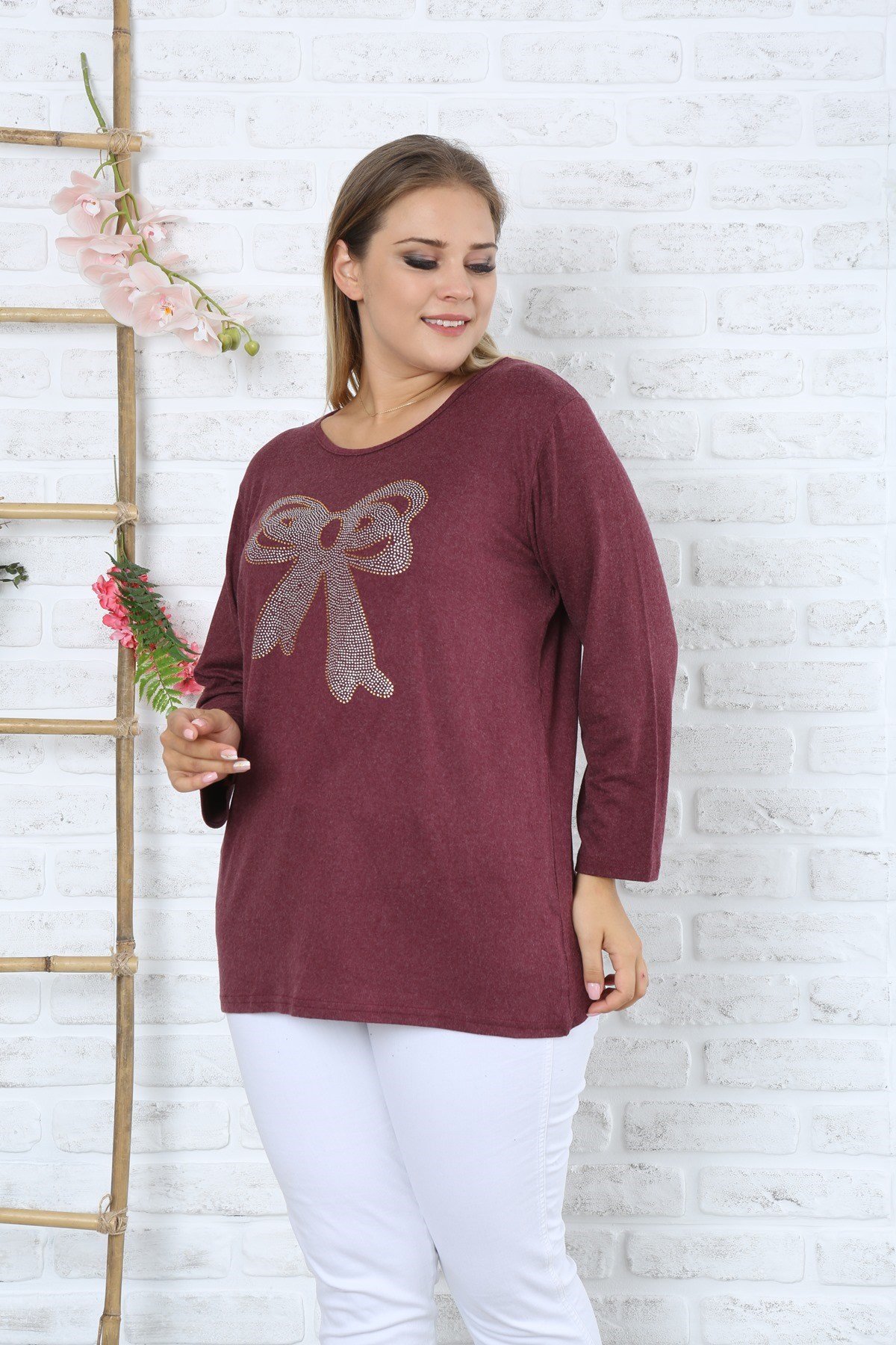 Kurdele Desenli Büyük Beden Bordo Y-Viskon Kazak