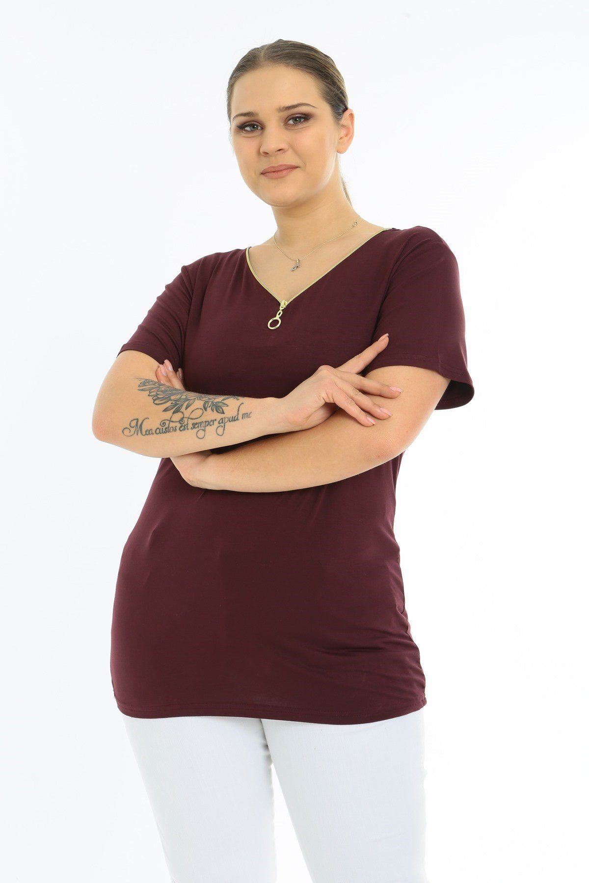 Fermuarlı Kısa Kol Büyük Beden Bordo Bluz