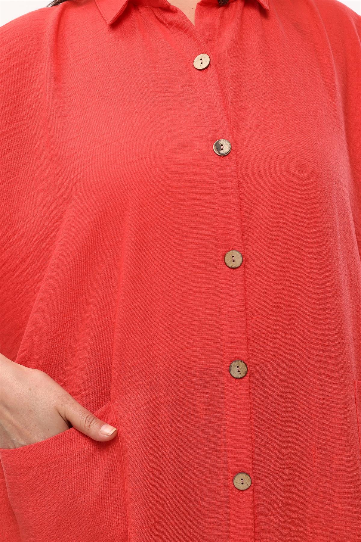 Önü Düğmeli Oversize Kırmızı Keten Elbise