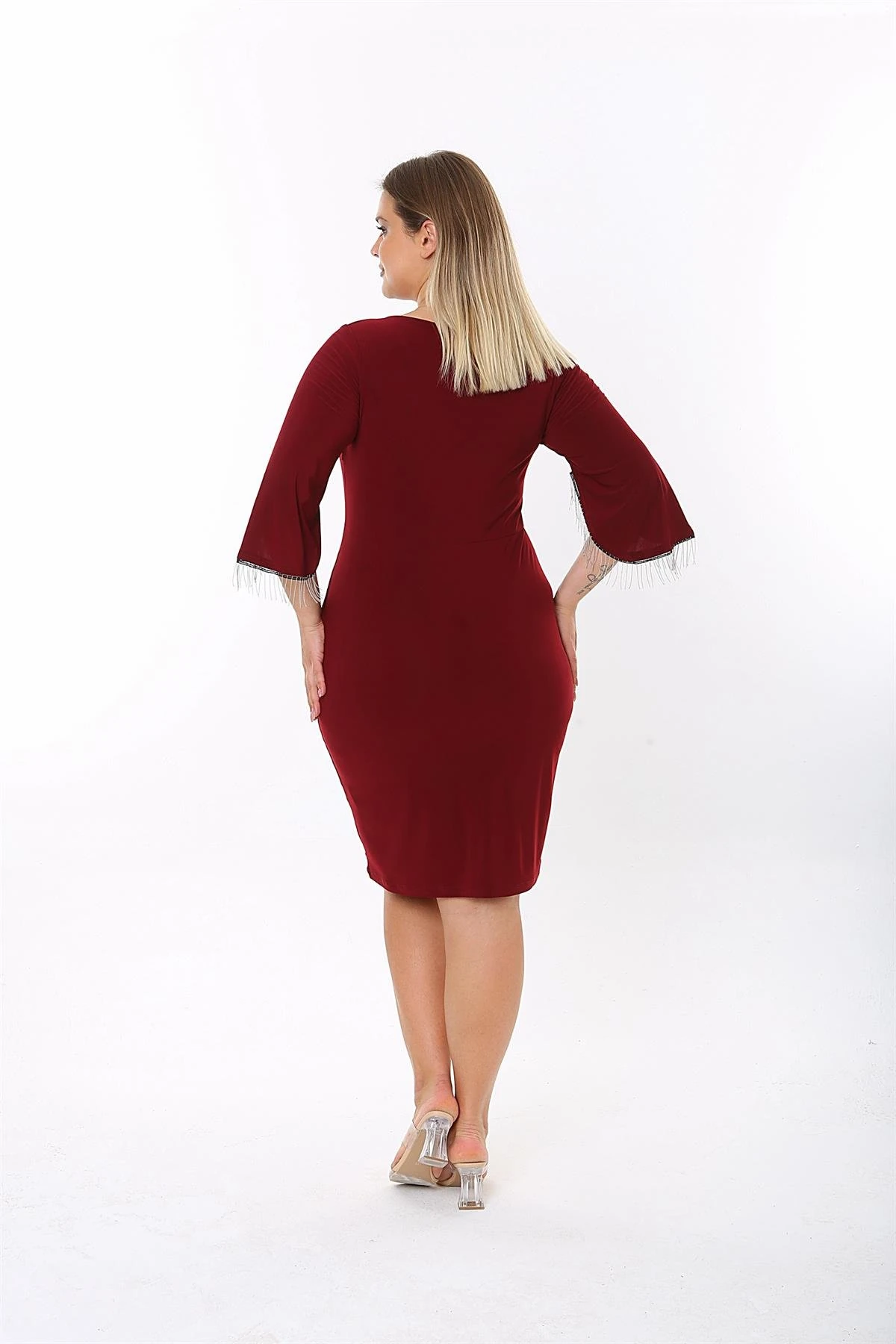 Zincir Detaylı Midi Boy Bordo Elbise