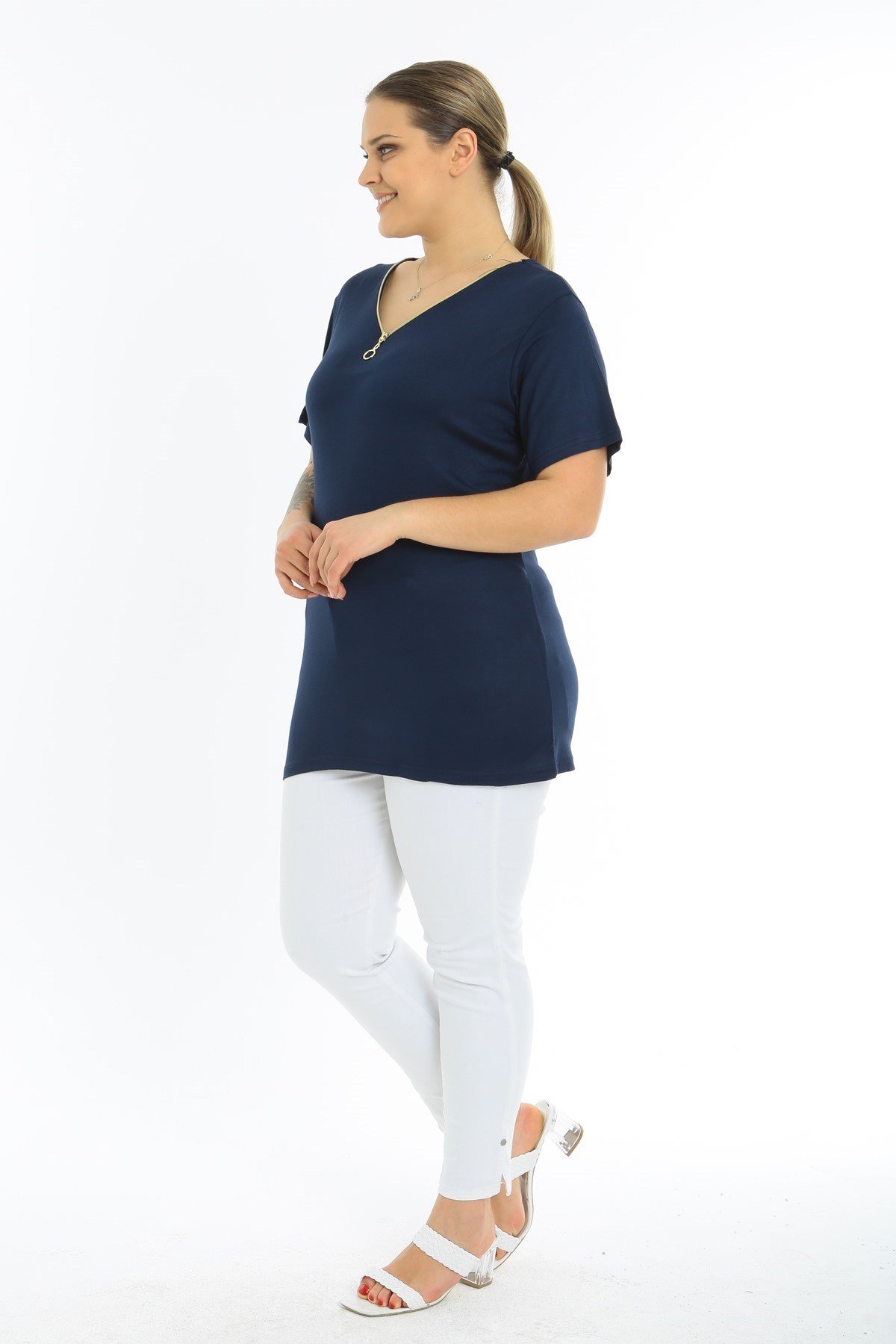 Fermuarlı Kısa Kol Büyük Beden Lacivert Bluz