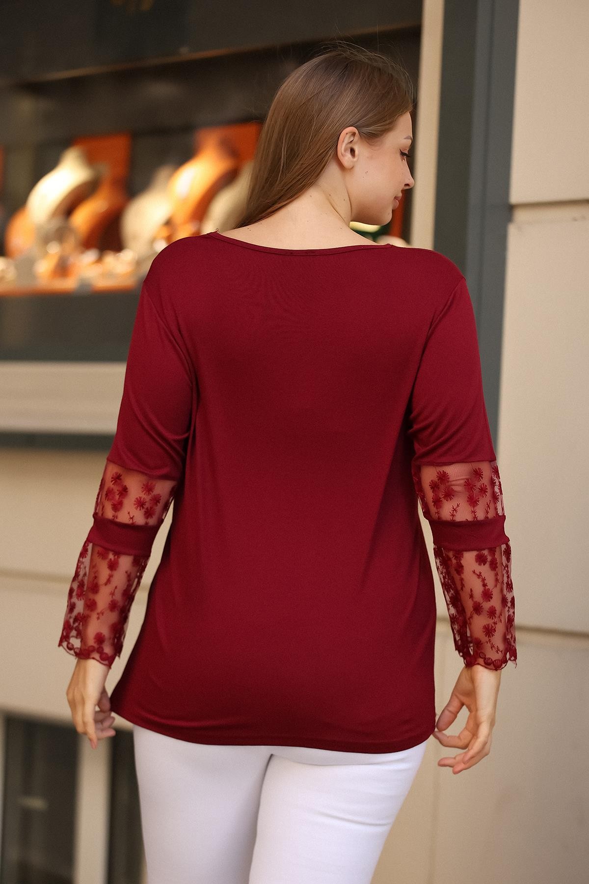 Kolları Dantel Desenli Büyük Beden Bordo Bluz