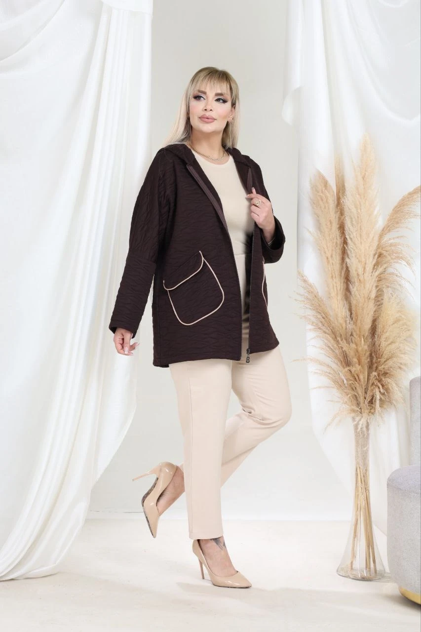 Büyük Beden Jakarlı Kapitone Mont - Kahverengi