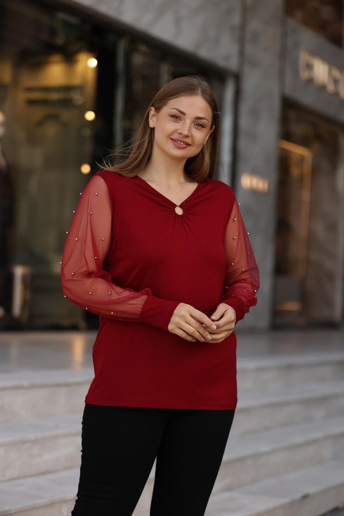 Kolları Tüllü İncili Büyük Beden Bordo Bluz