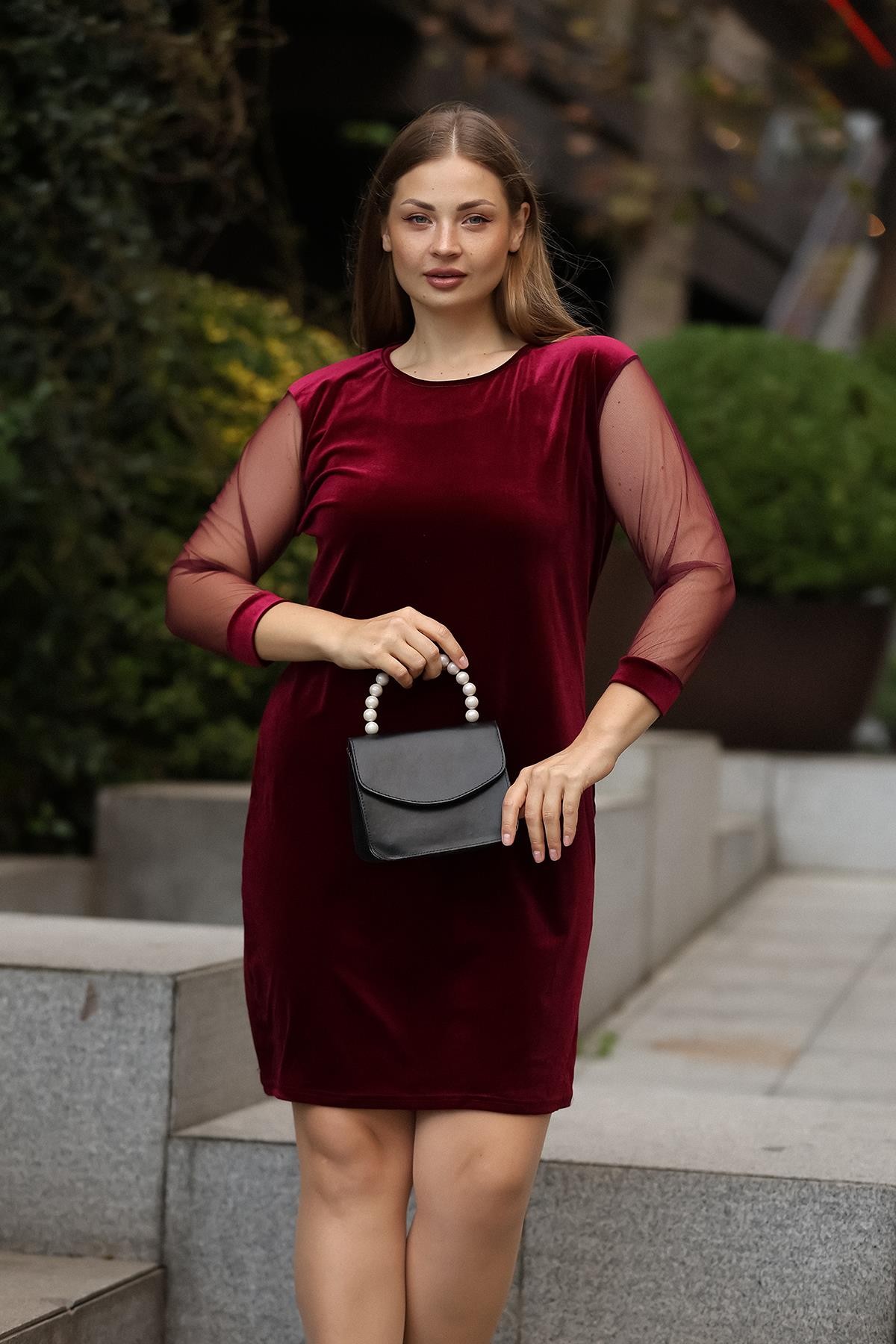 Kolları Tül Kadife Desen Bordo Elbise