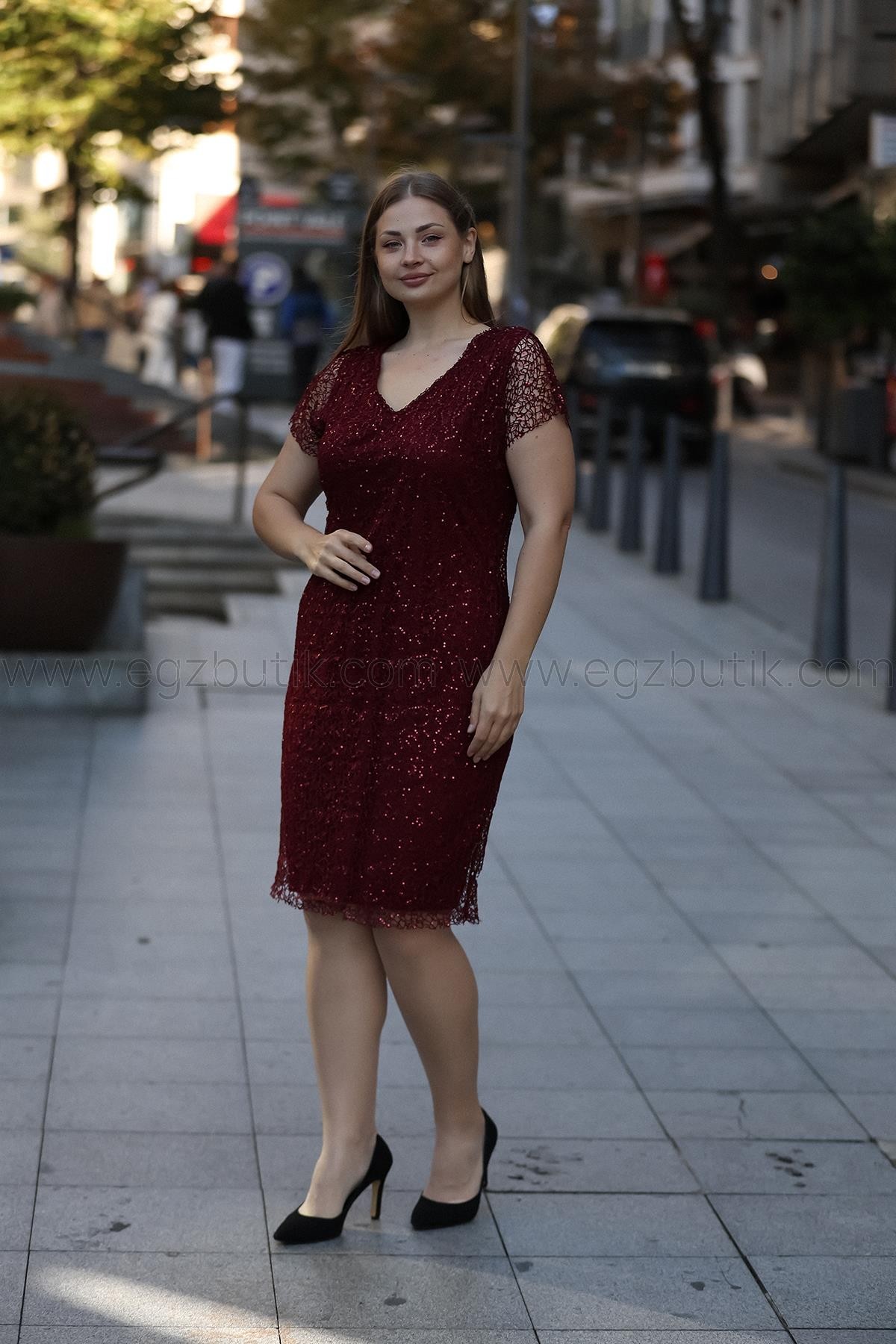 Örümcek Dantel Midi Boy Bordo Elbise