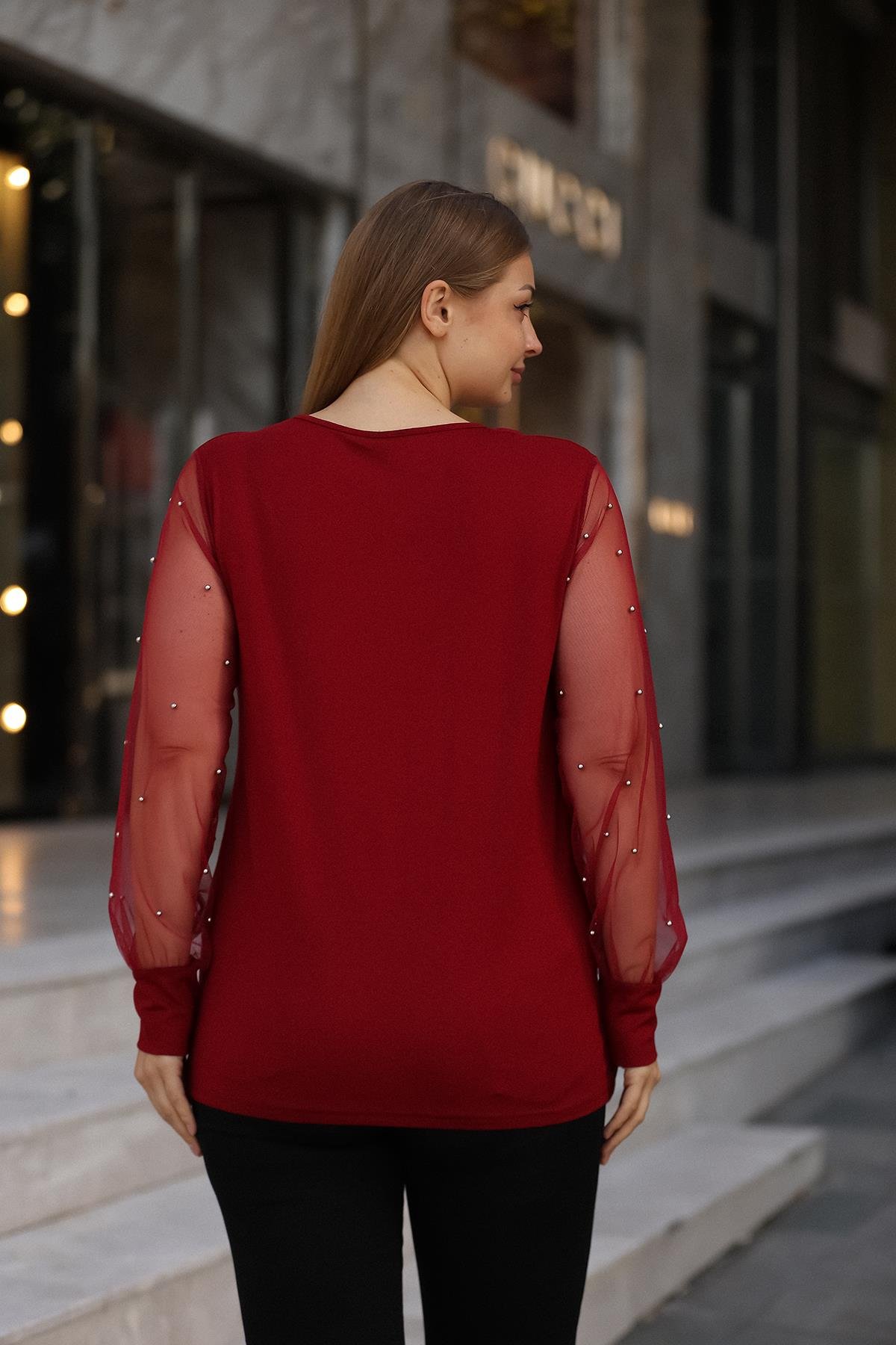Kolları Tüllü İncili Büyük Beden Bordo Bluz