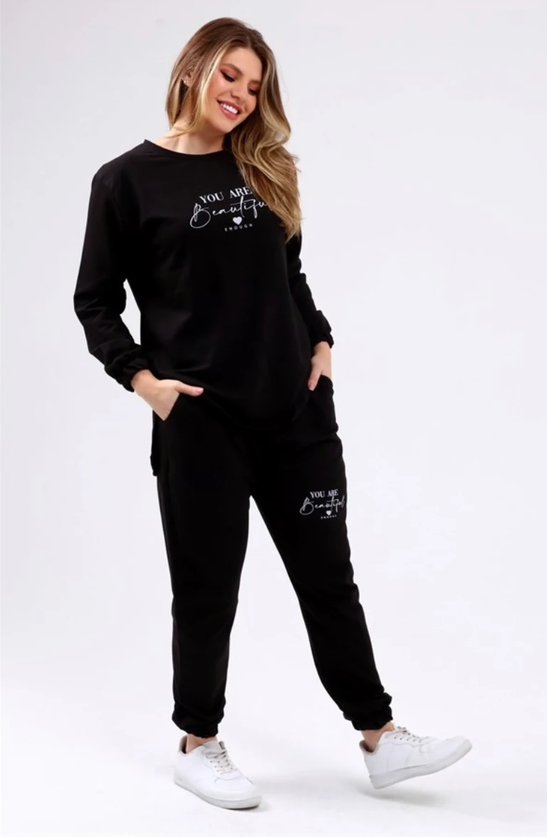 İki İplik Beautiful Yazılı Büyük Beden Vizon İkili Takım