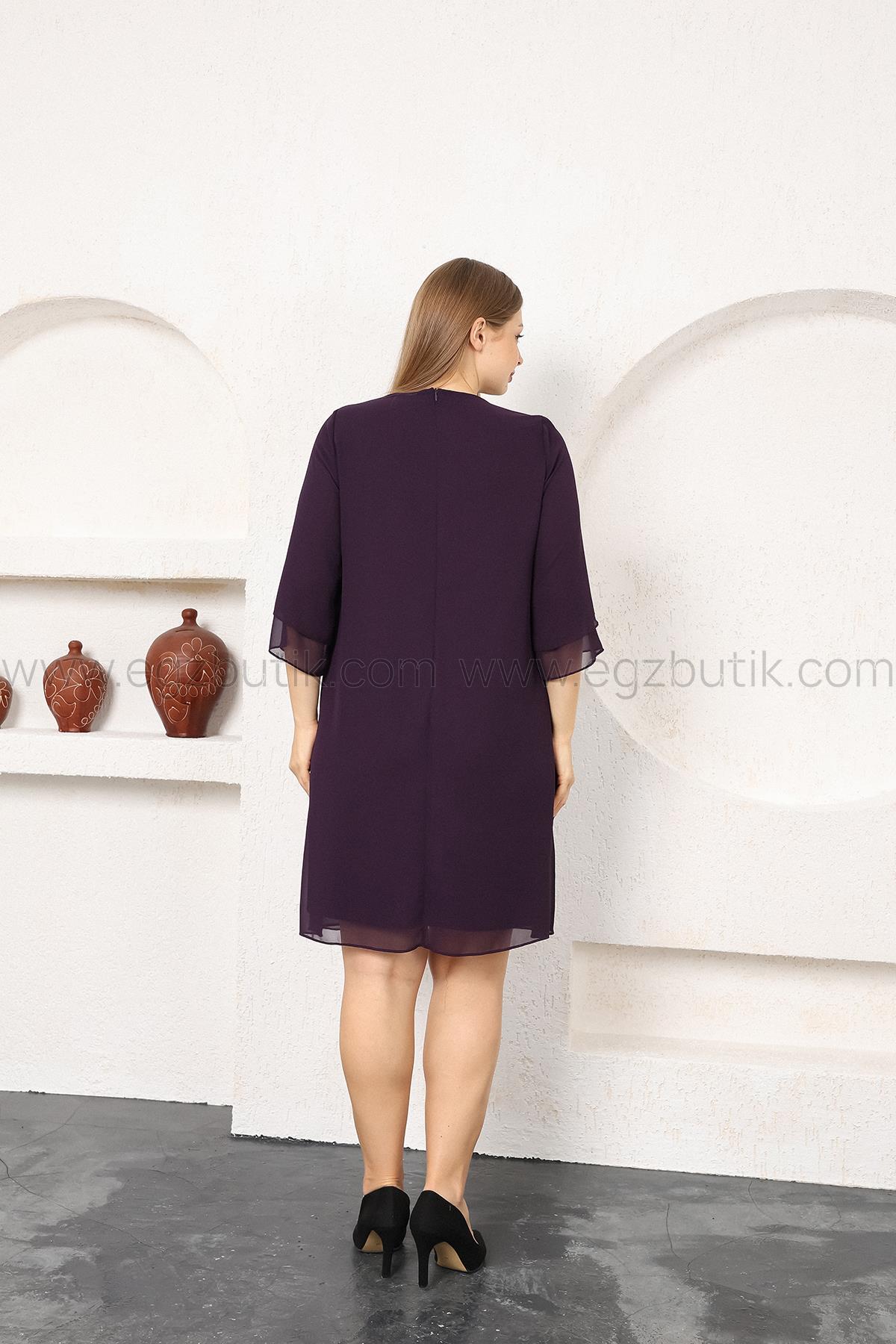 Şifon Üstü Tül  Kolyeli Büyük Beden Elbise Mürdüm