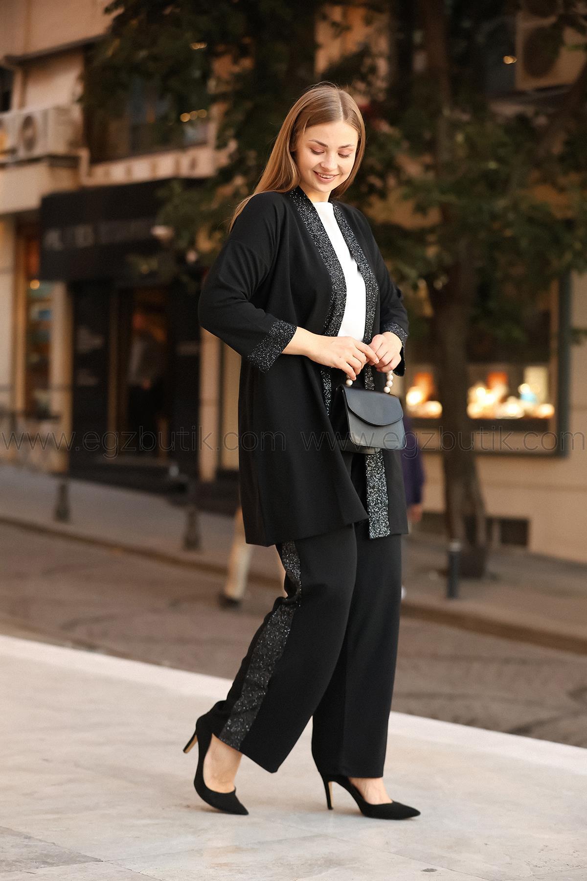 Büyük Beden Sim Şerit Detaylı Scuba Krep ikili Takım