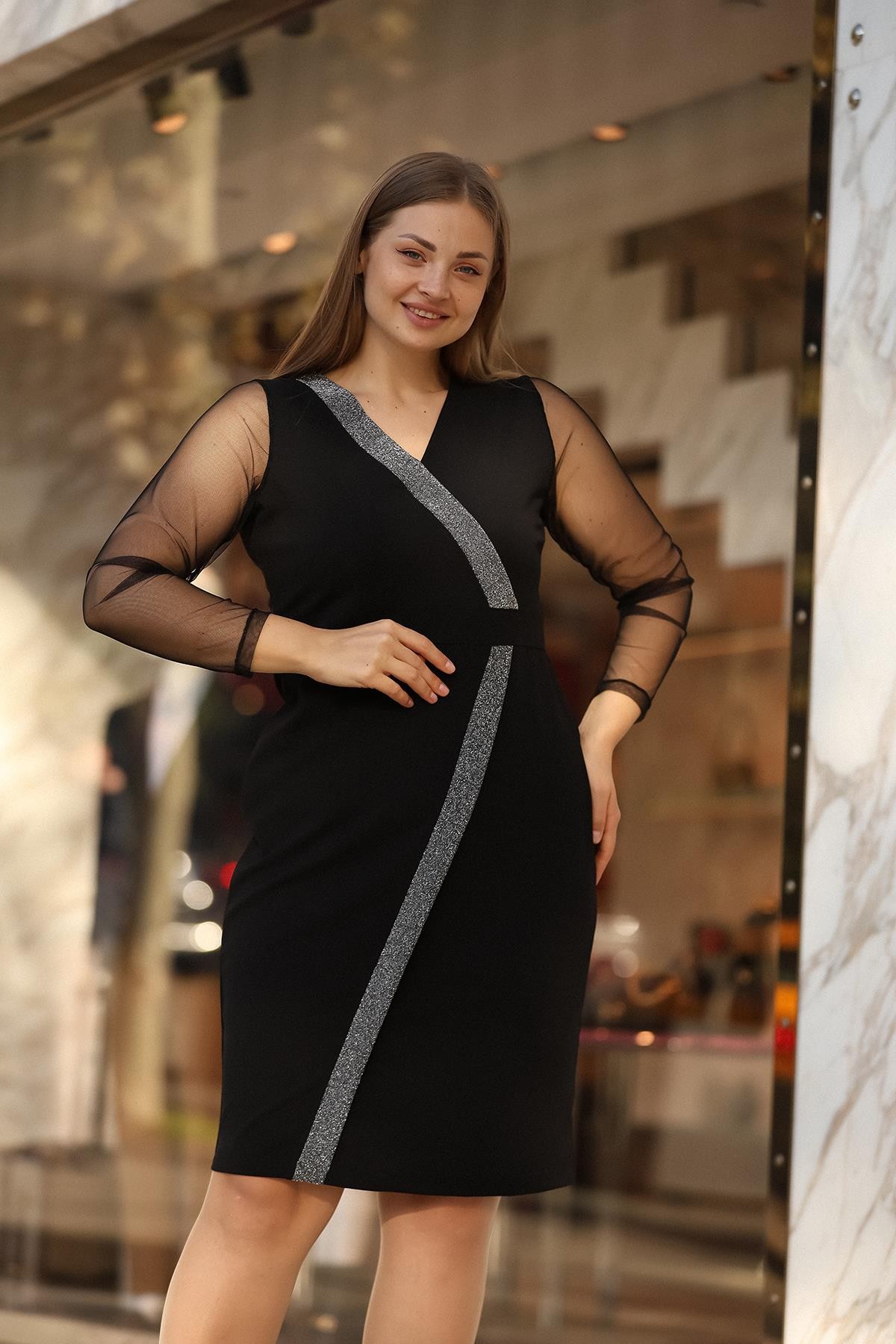 Büyük Beden Uzun Kol Şeritli Kruvaze Yaka Siyah Elbise