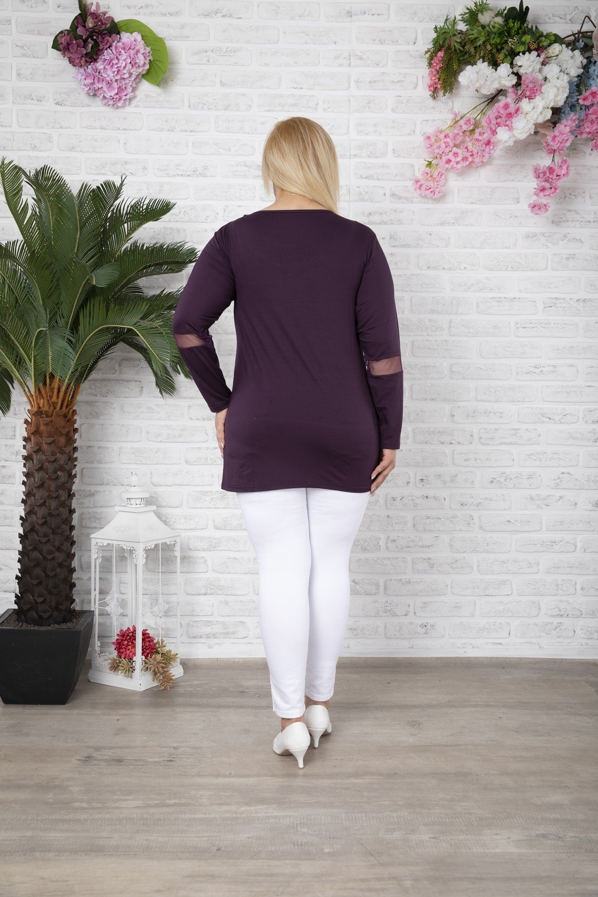 Dirsek ve Yakası Tüllü Büyük Beden Fuşya Bluz