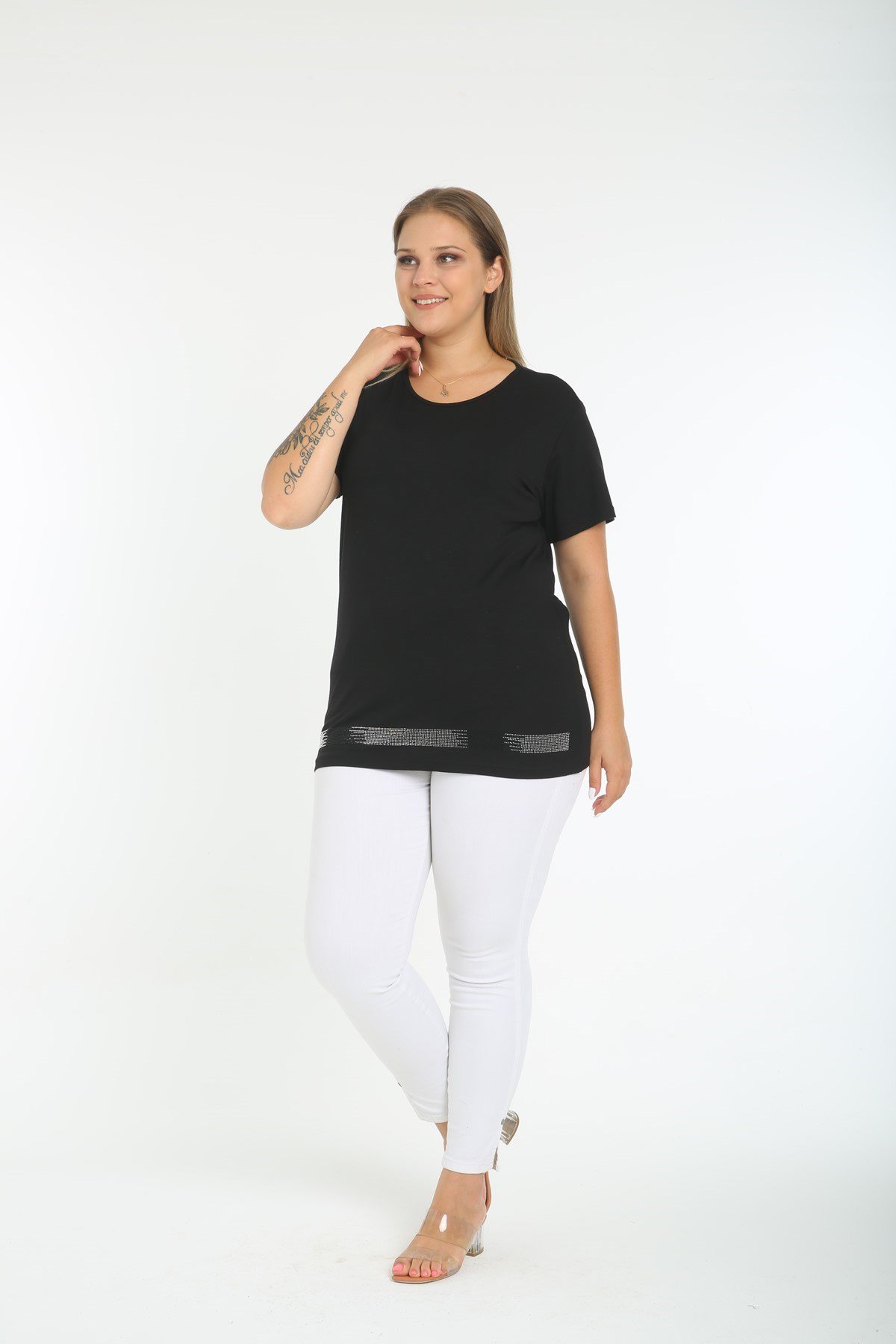 Bel Kısmı Taş Şerit Büyük Beden Siyah Tişört