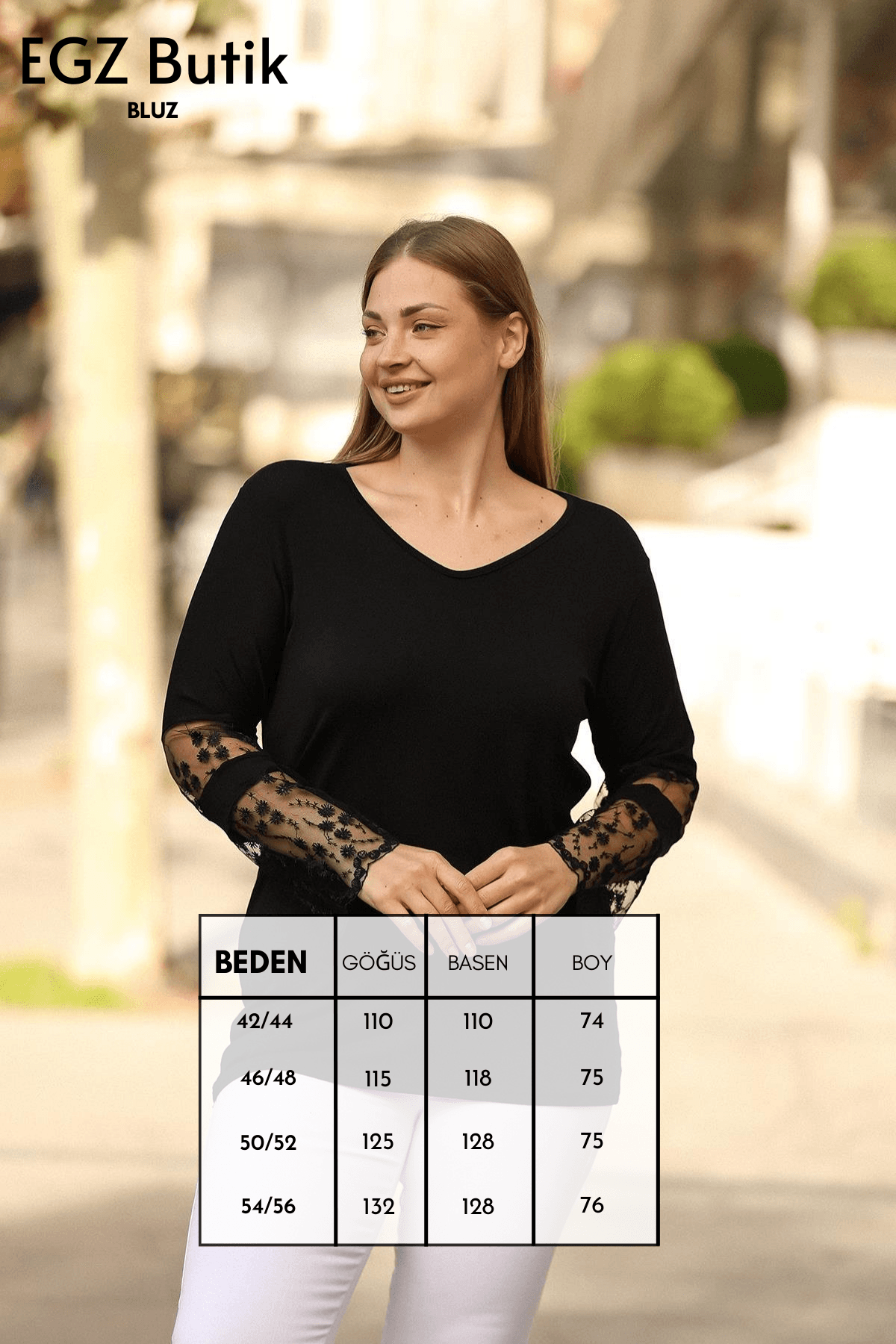 Kolları Dantel Desenli Büyük Beden Siyah Bluz