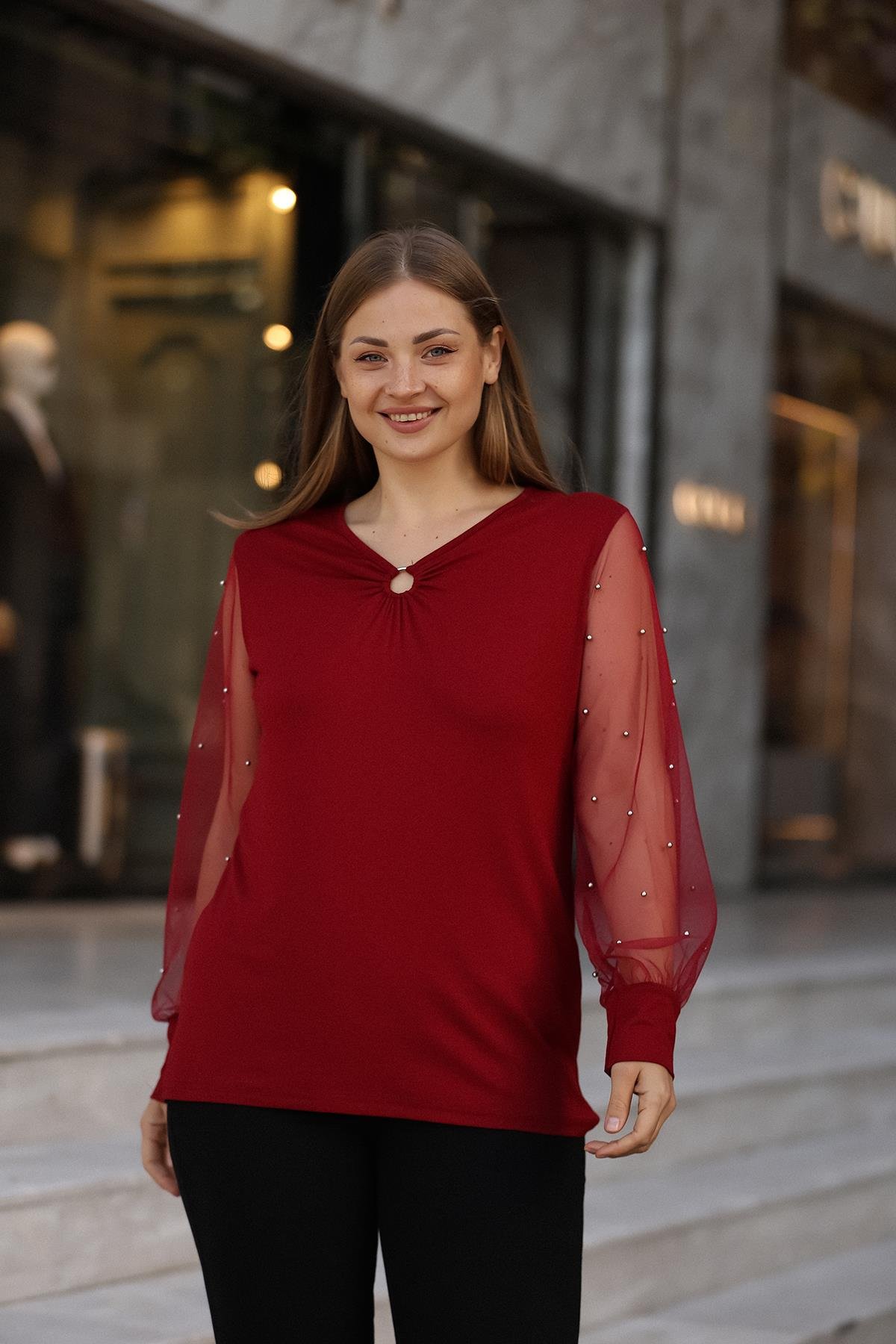 Kolları Tüllü İncili Büyük Beden Bordo Bluz