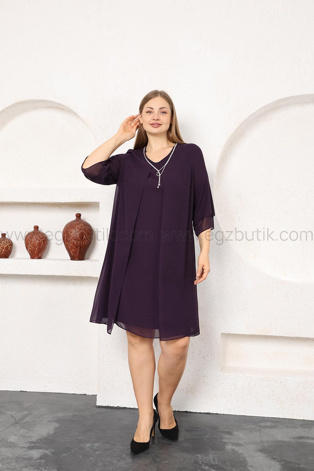 Şifon Üstü Tül  Kolyeli Büyük Beden Elbise Mürdüm