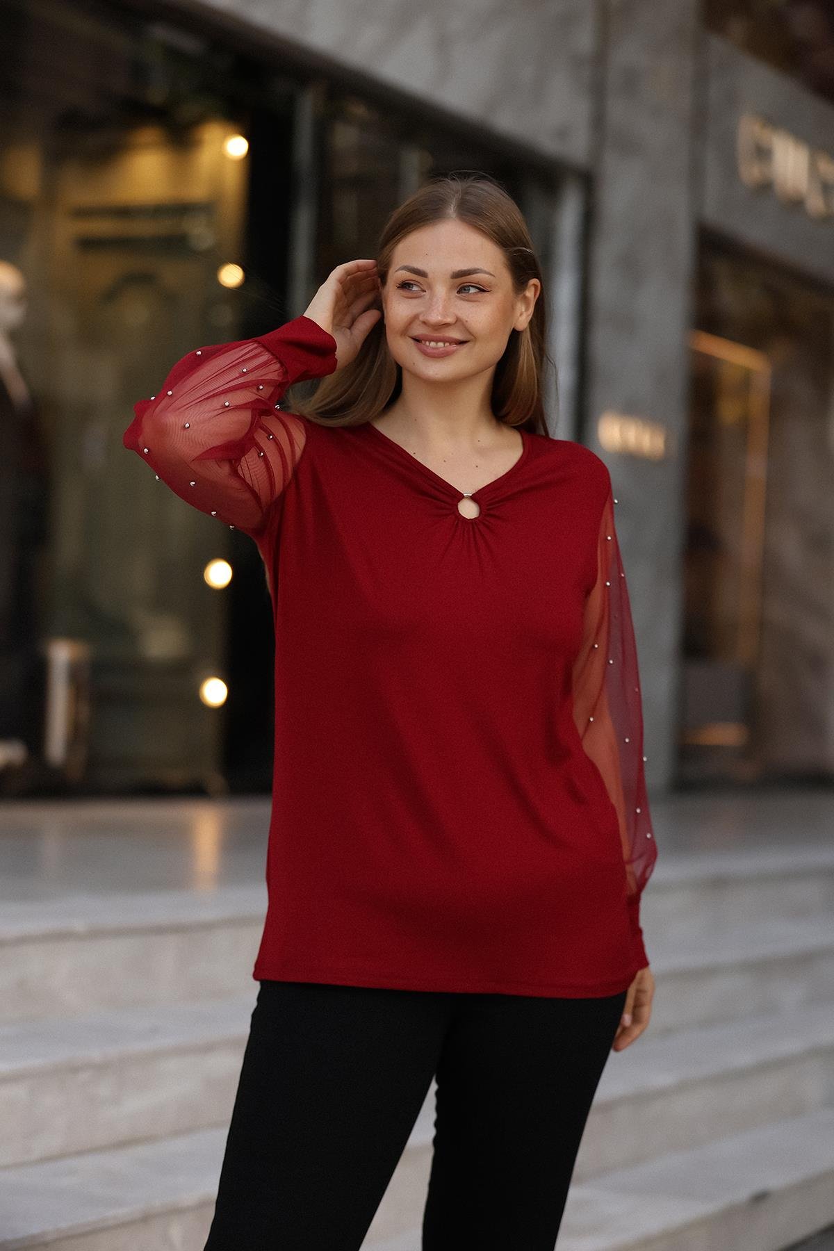 Kolları Tüllü İncili Büyük Beden Bordo Bluz