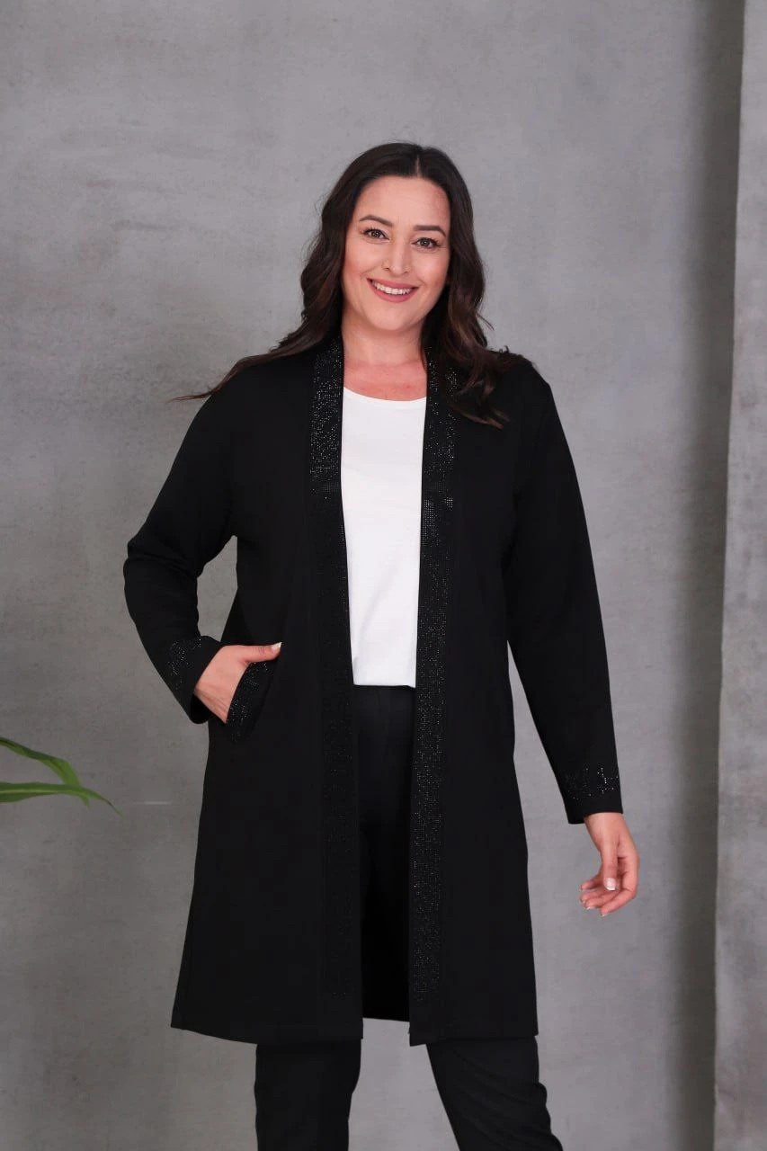 Büyük Beden Taş Süslemeli Hırka - Siyah