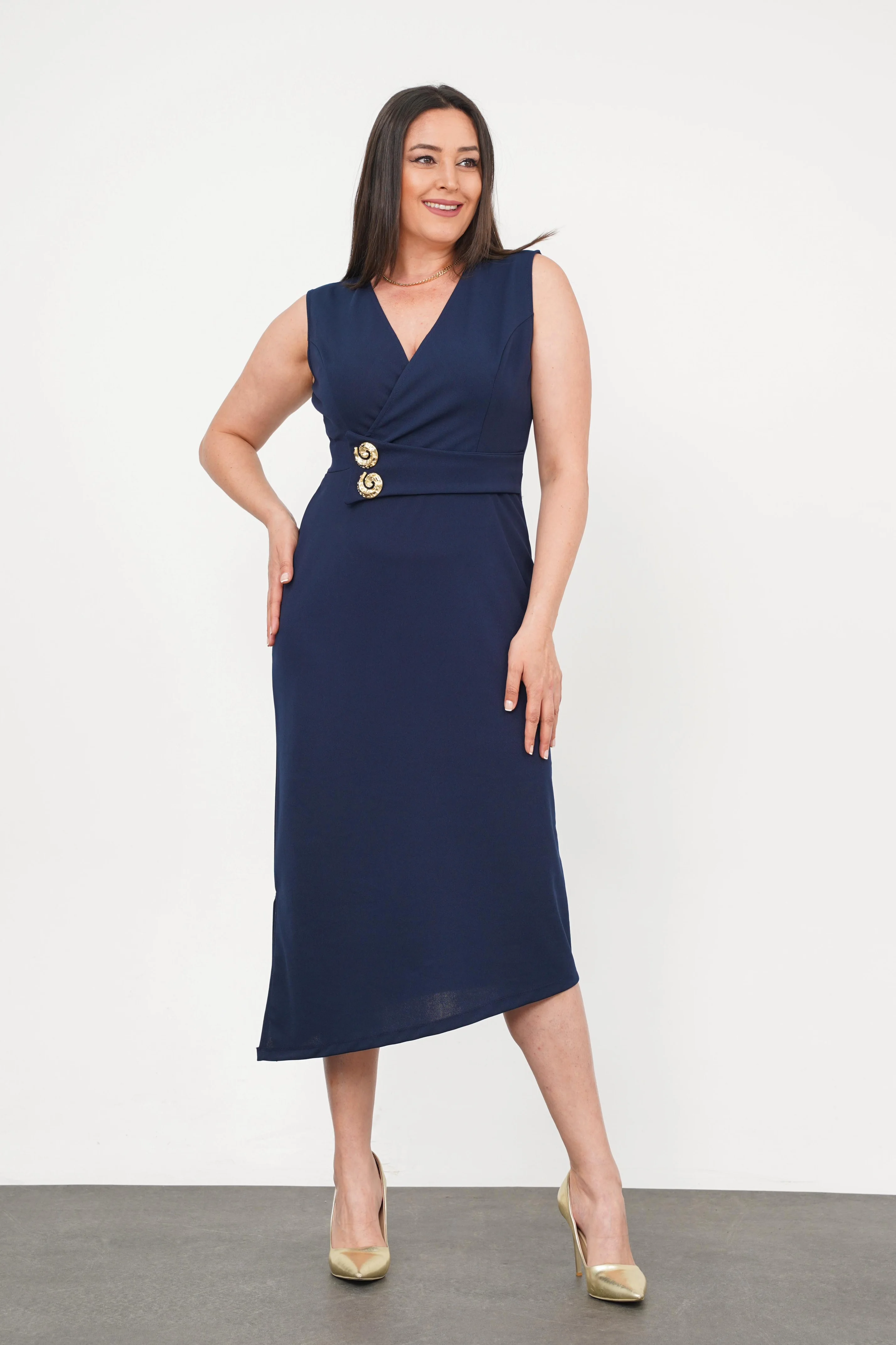 Büyük Beden Sıfır Kol Düğme Detay Abiye Lacivert