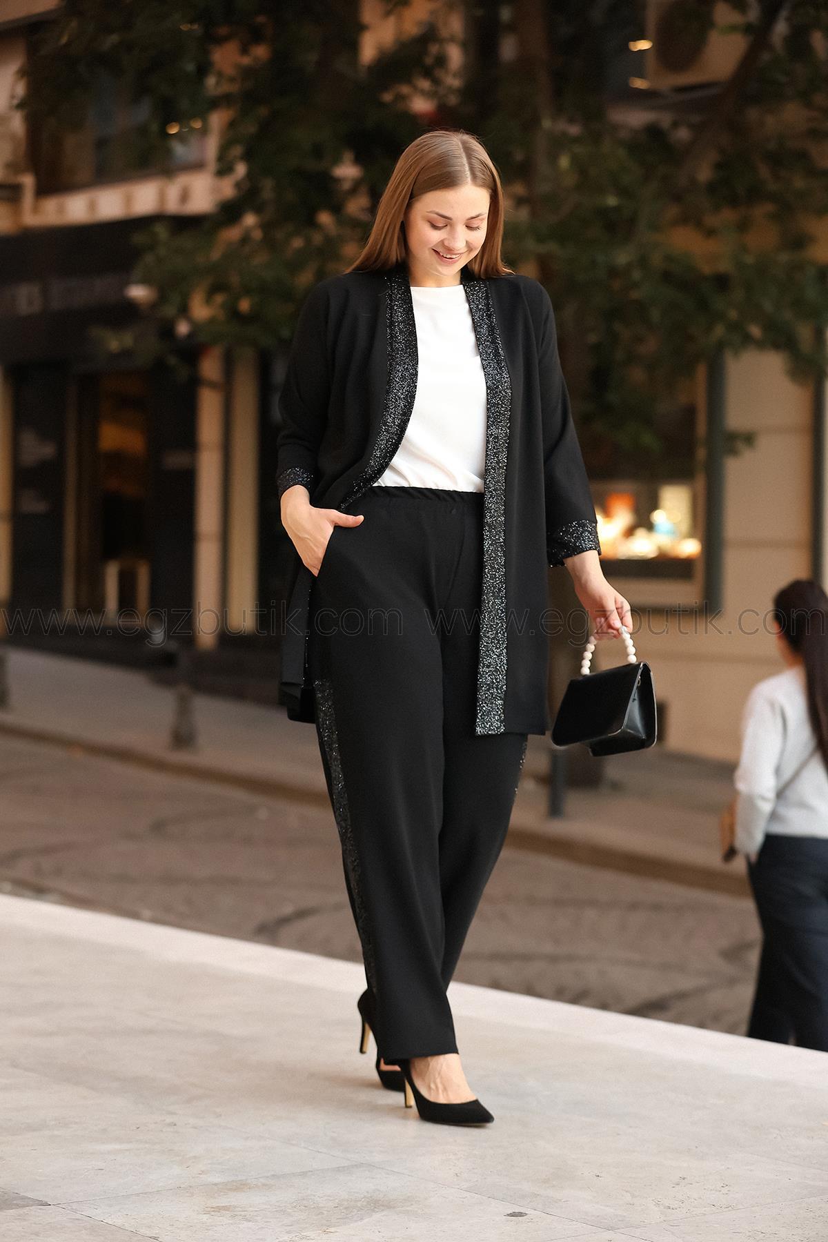 Büyük Beden Sim Şerit Detaylı Scuba Krep ikili Takım