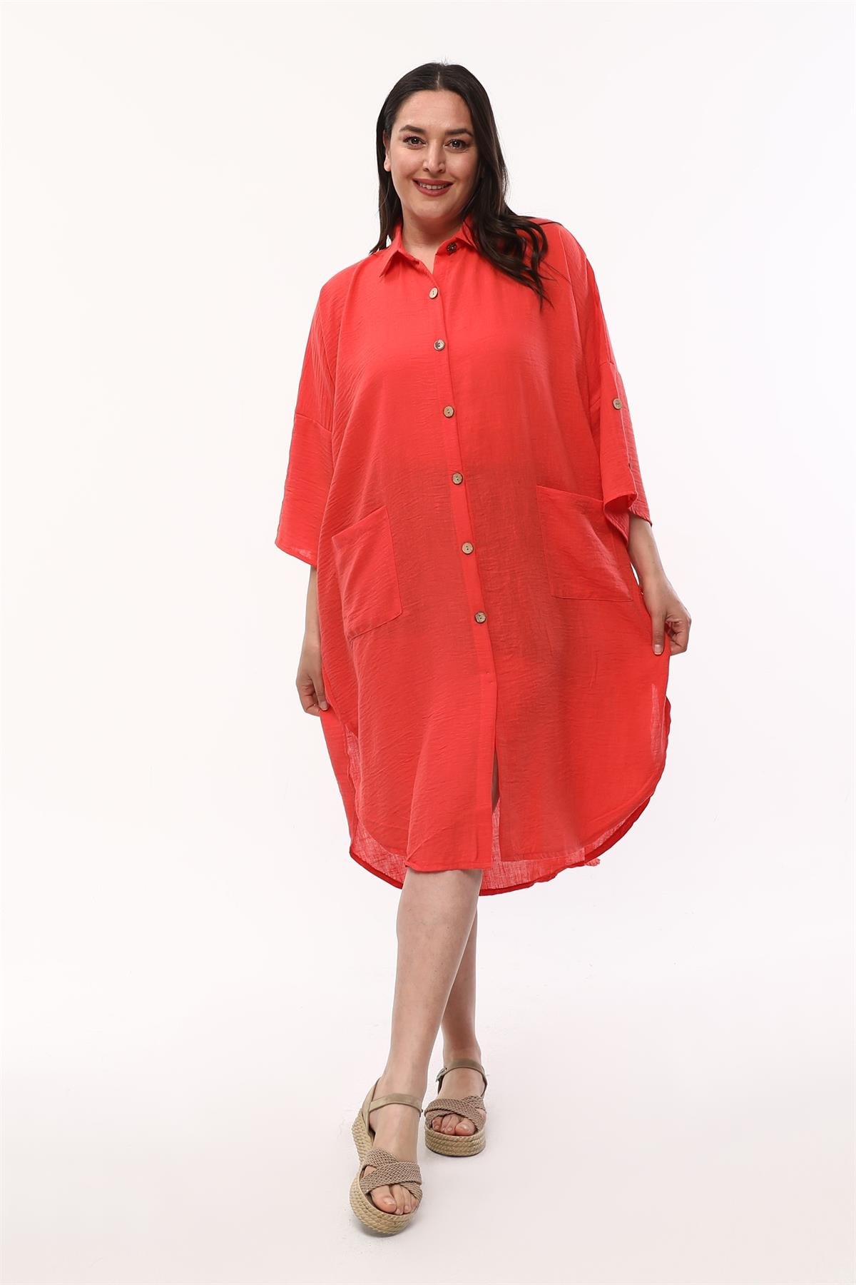 Önü Düğmeli Oversize Kırmızı Keten Elbise