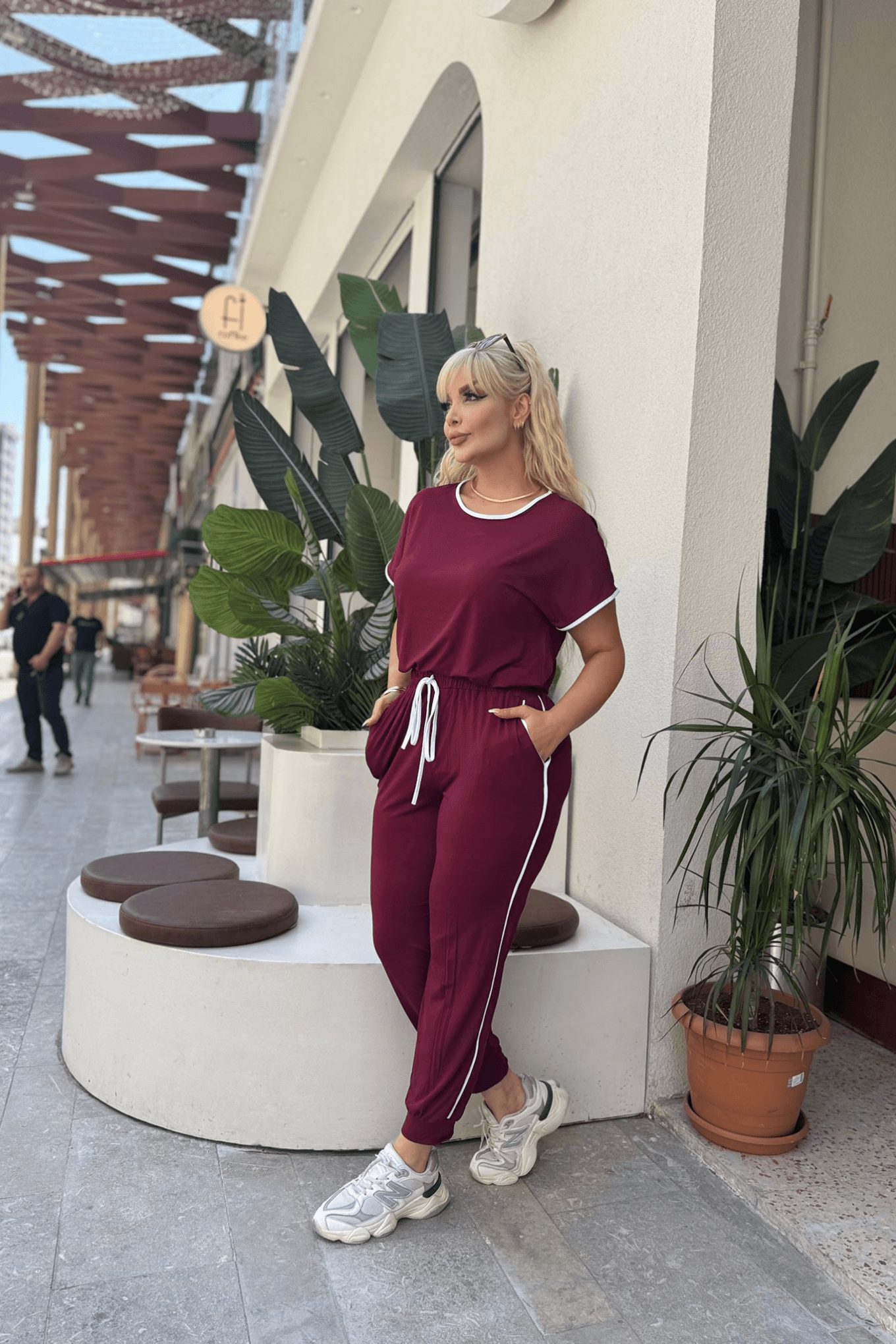 Bisiklet Yaka Şeritli  Viskon İkili Takım Bordo