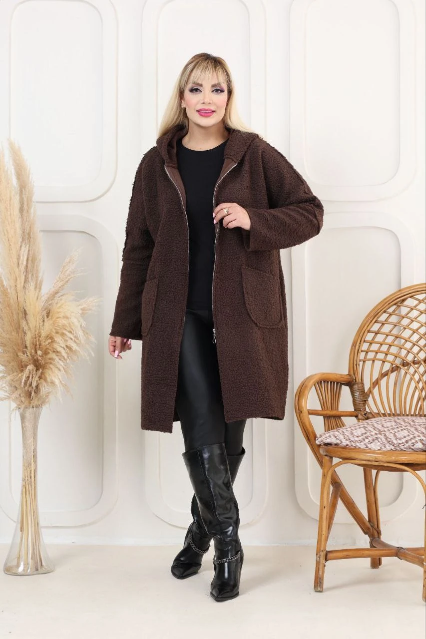 Büyük Beden Uzun Alpeka Mont - Kahverengi