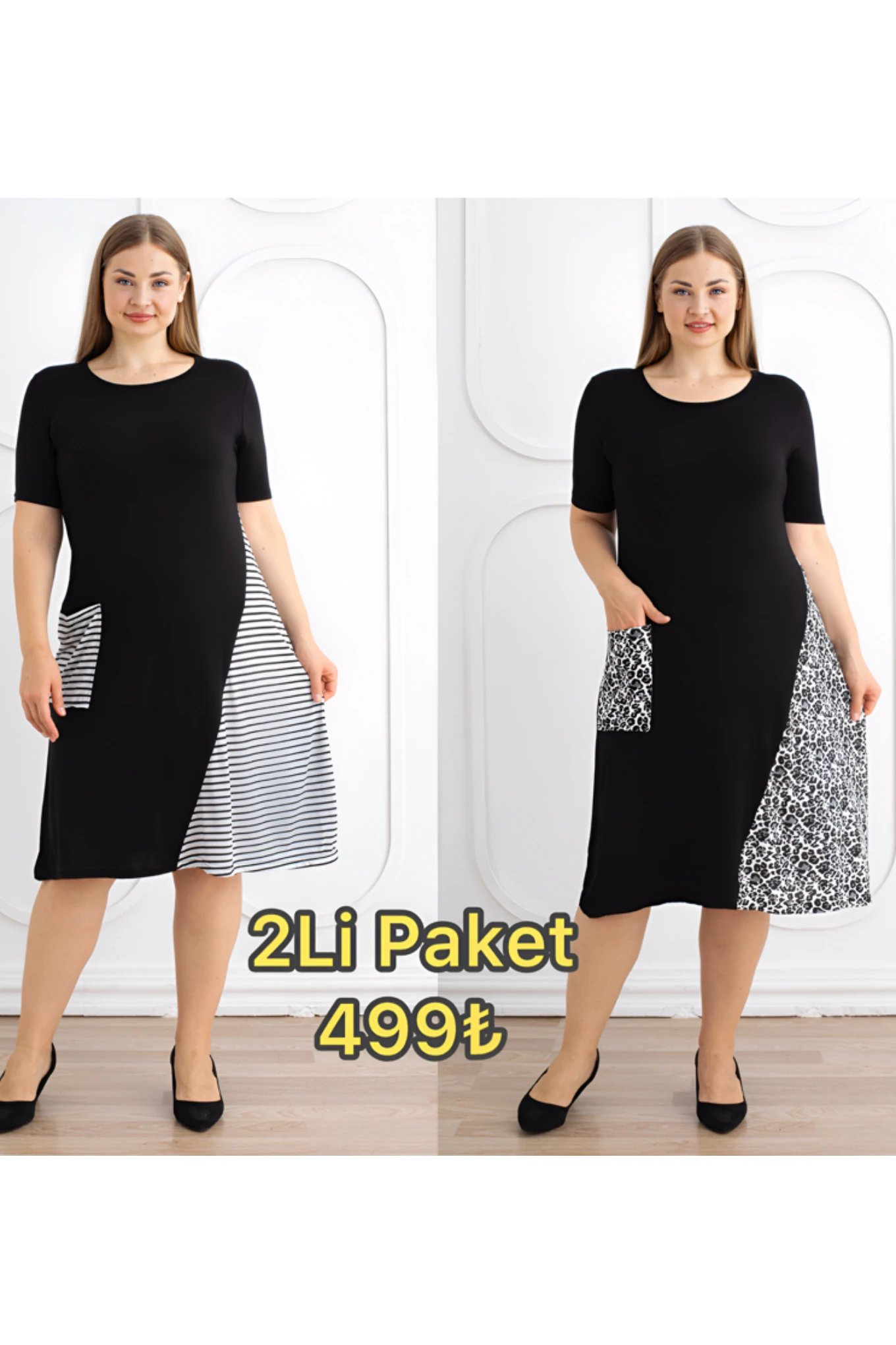 2 Li Paket Rahat Kalıp Viskon Elbise Garnili - Siyah