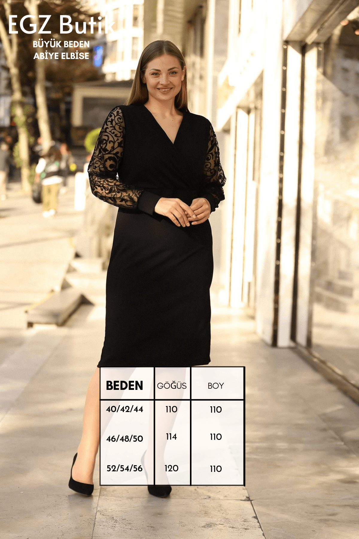 Büyük Beden Kolları Floklu Scuba Krep Siyah Elbise