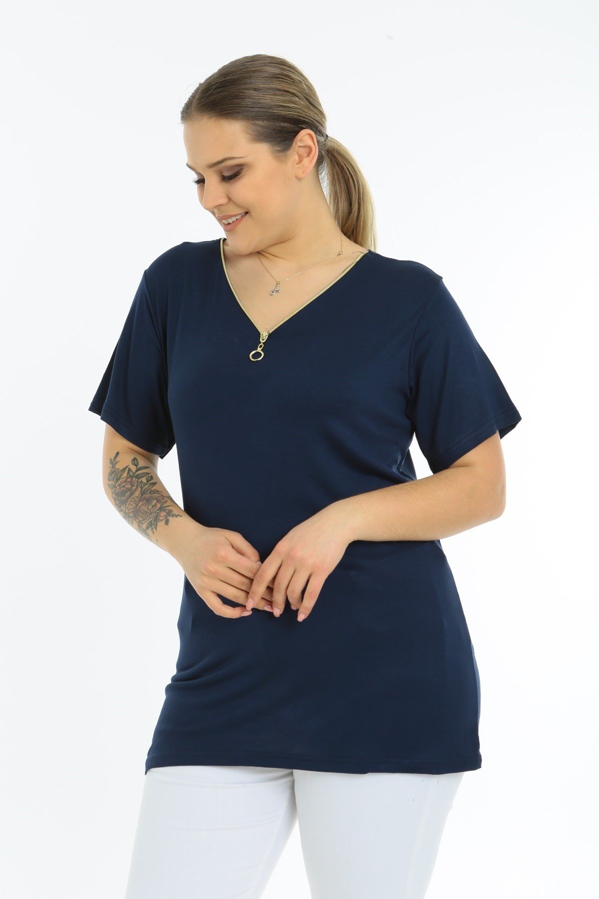 Fermuarlı Kısa Kol Büyük Beden Lacivert Bluz