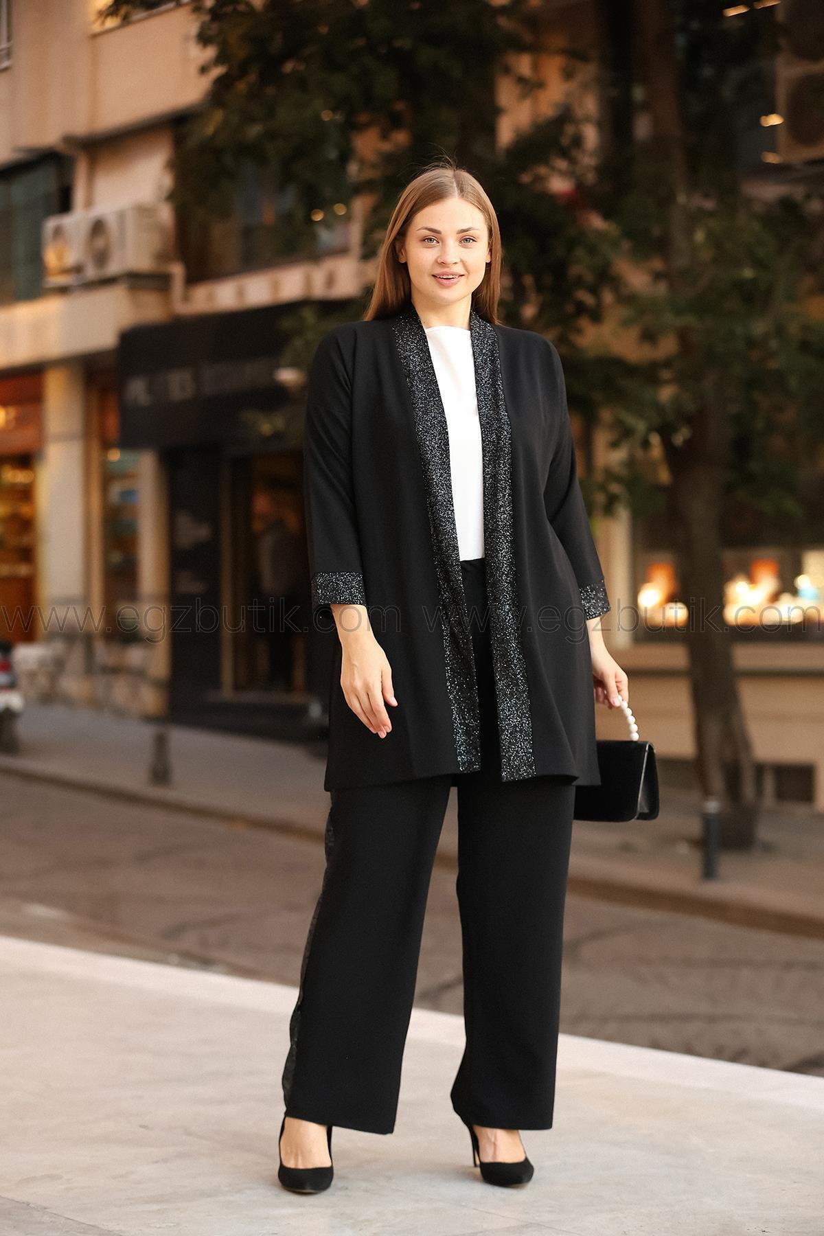 Büyük Beden Sim Şerit Detaylı Scuba Krep ikili Takım