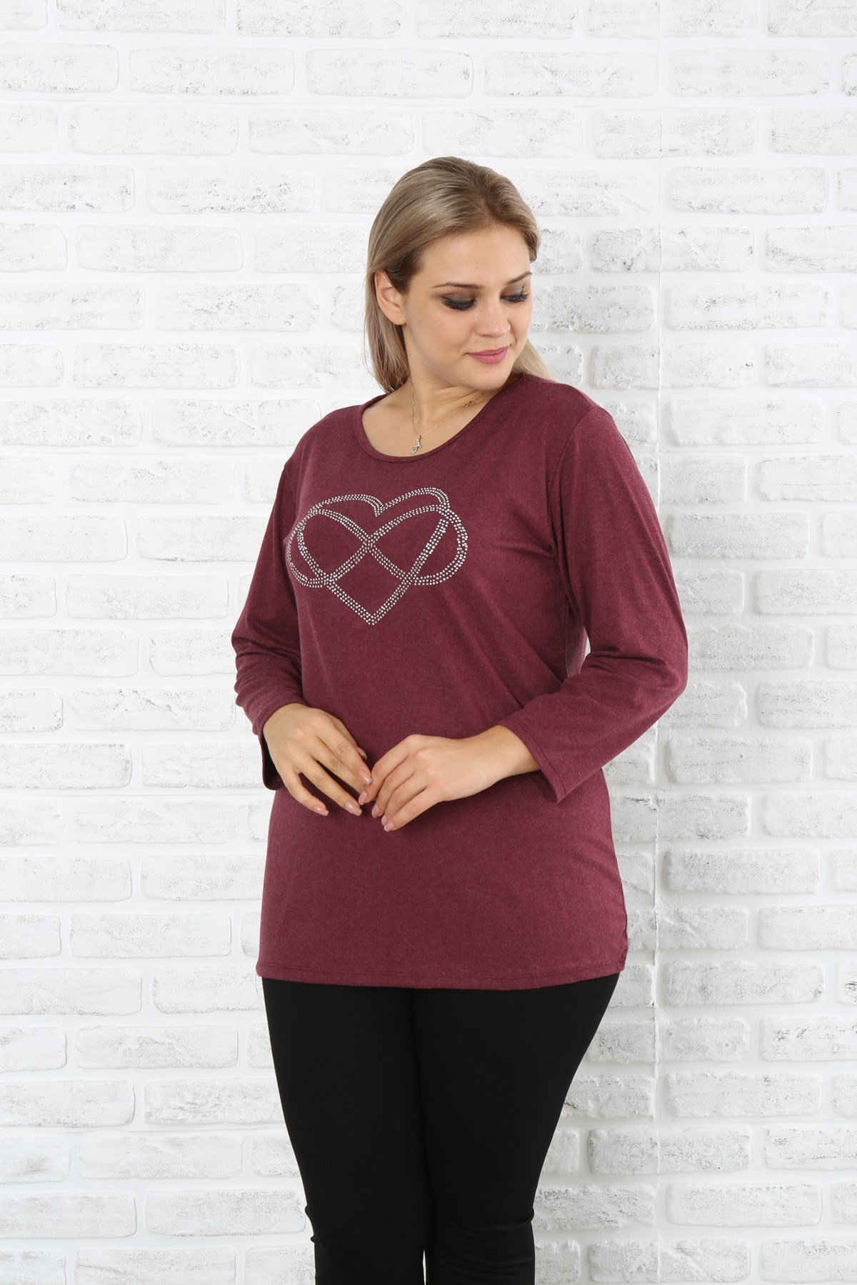 Sonsuz Kalp Baskılı  Taşlı Büyük Beden Bordo Kazak