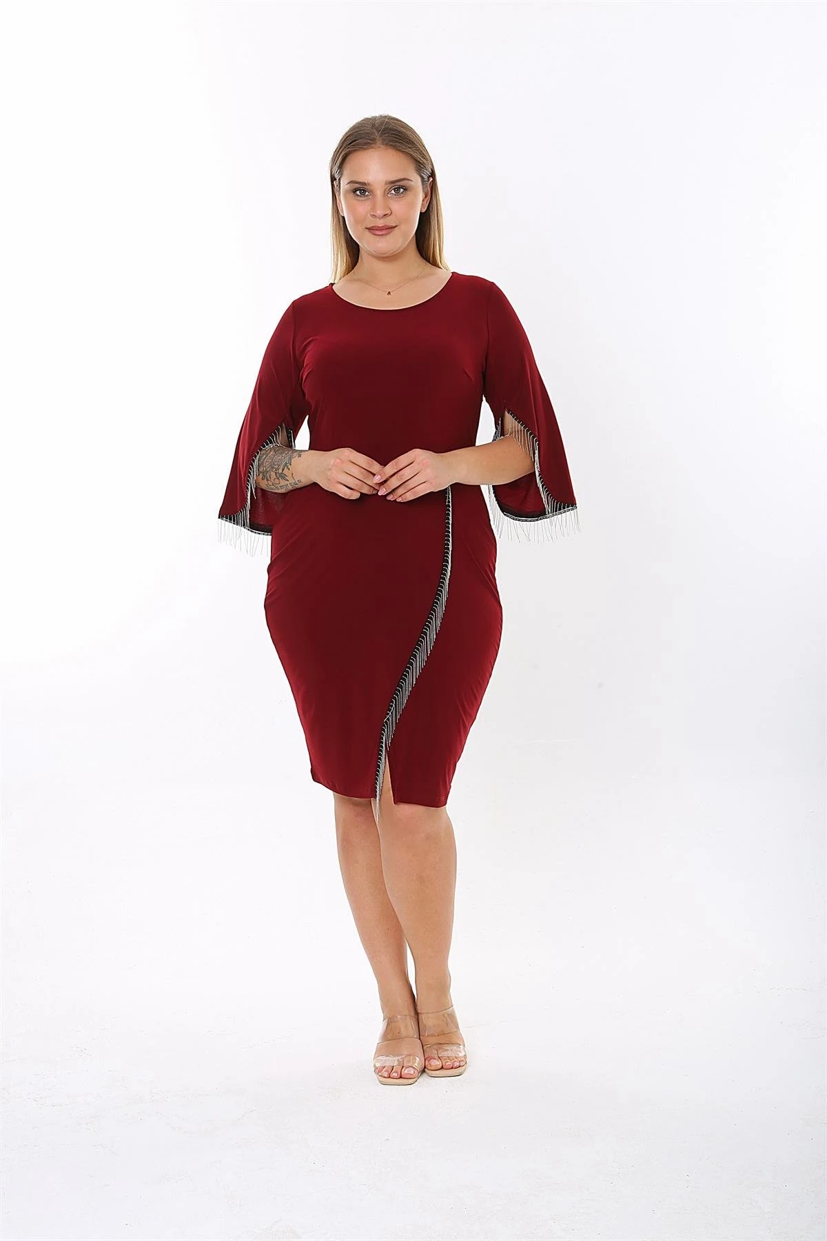 Zincir Detaylı Midi Boy Bordo Elbise