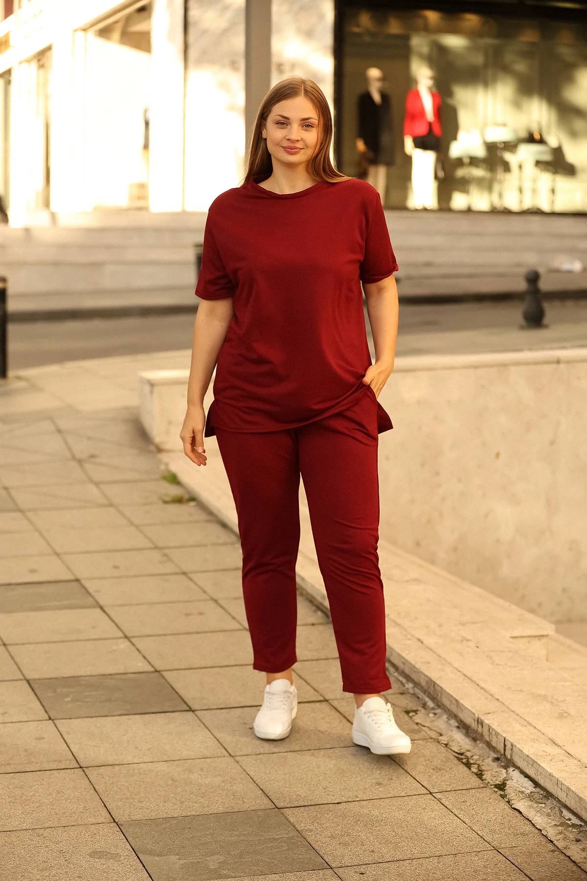 2'Li Paket Basic Bisiklet Yaka İkili Takım Bordo-Saks