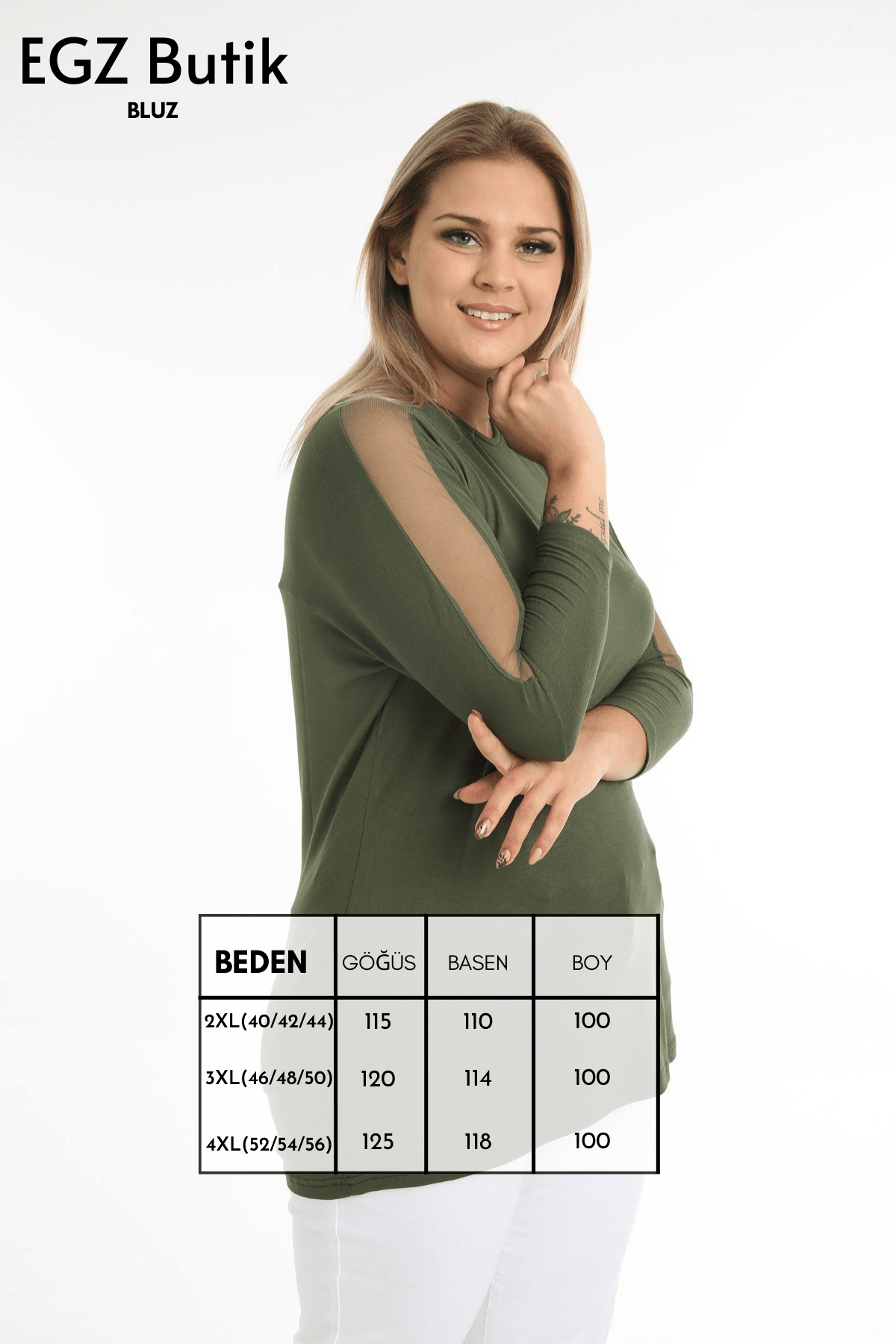 Tül Şerit Büyük Beden Haki Bluz