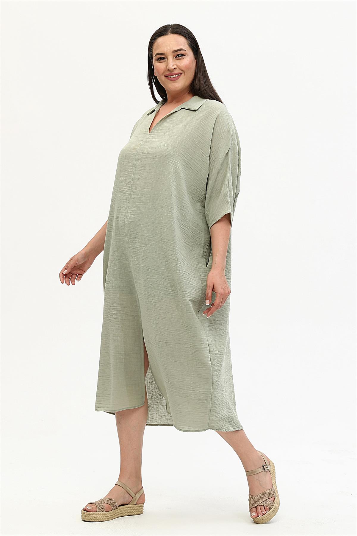 Keten Önü Yırtmaçlı Gömlek Yaka Haki Elbise