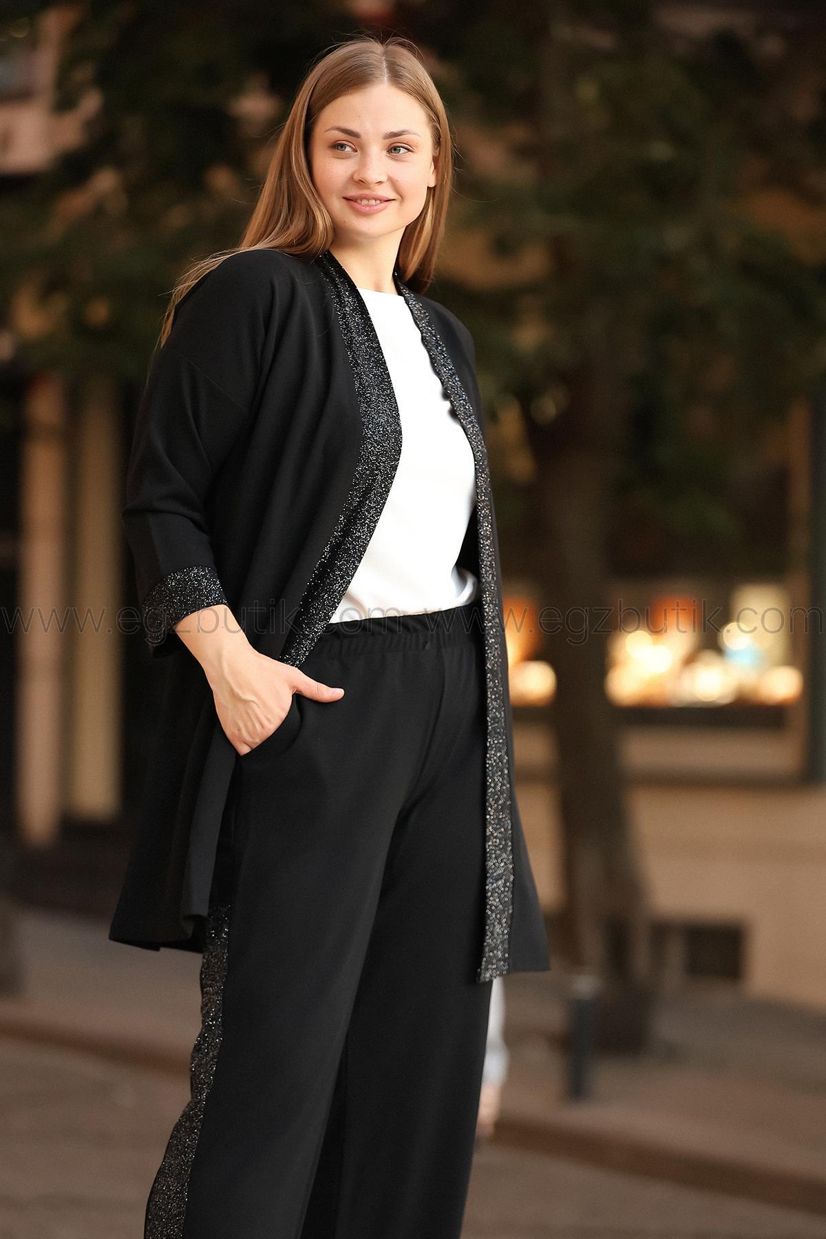 Büyük Beden Sim Şerit Detaylı Scuba Krep ikili Takım