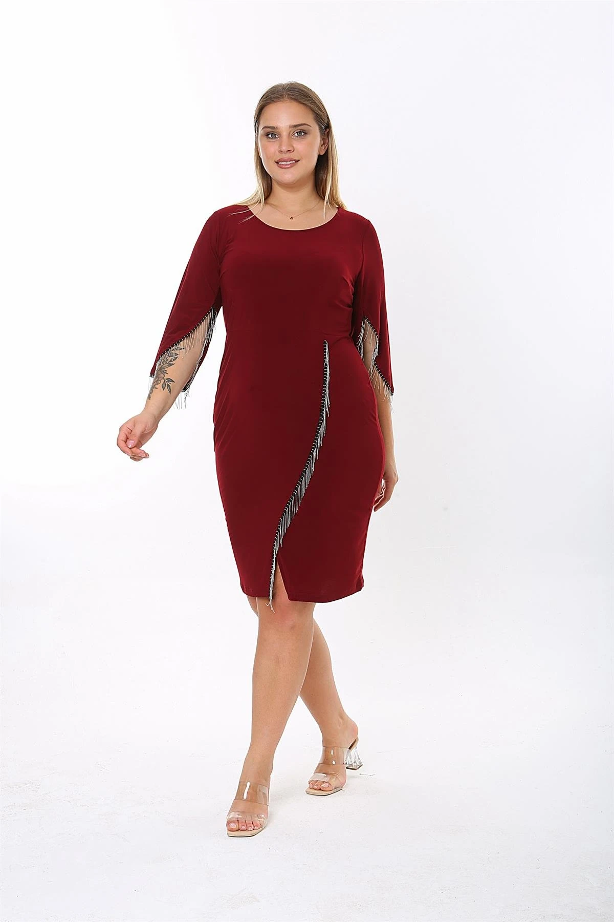 Zincir Detaylı Midi Boy Bordo Elbise