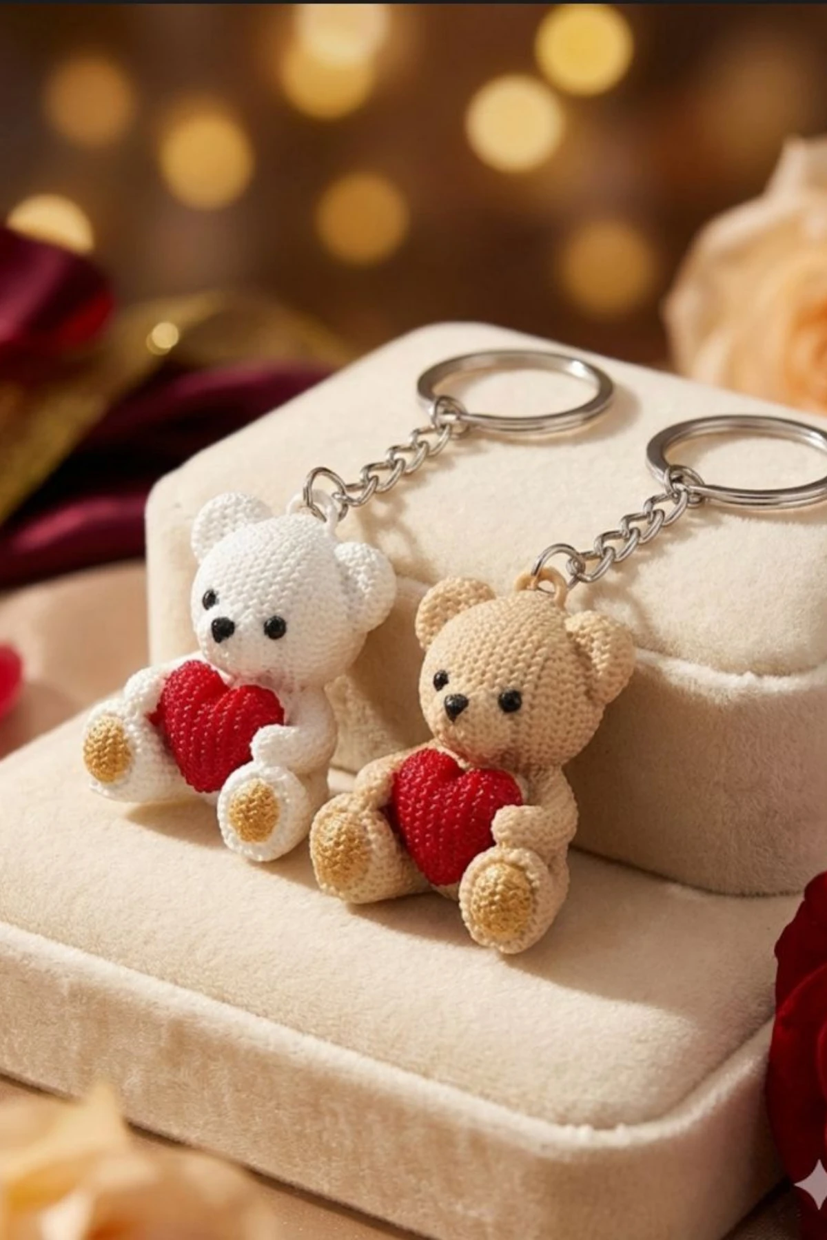 Anahtarlık Kalp Tutan Ayıcık Örgü Desenli Anahtarlık 2 Adet