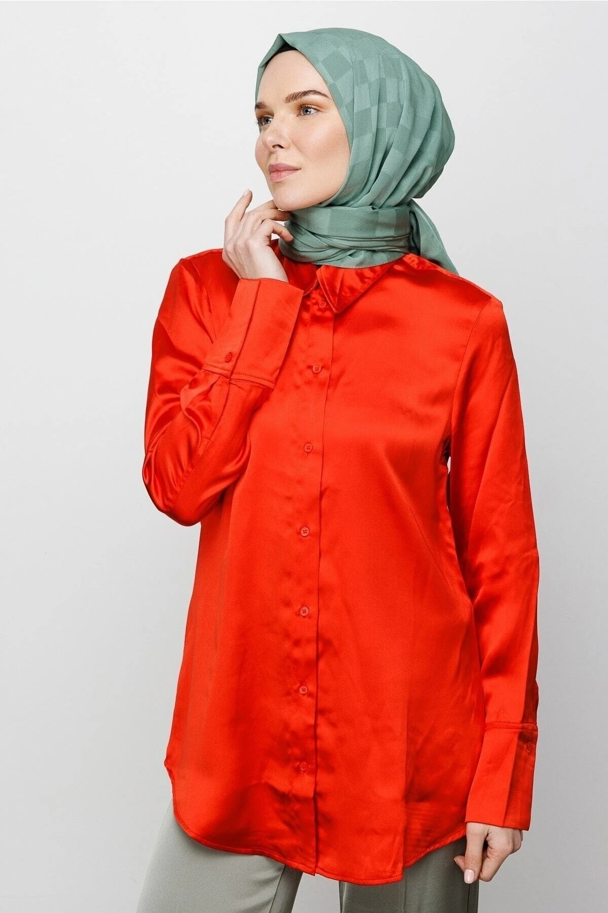 Küf Yeşili Dama Desen Ipeksi Jakar Şal