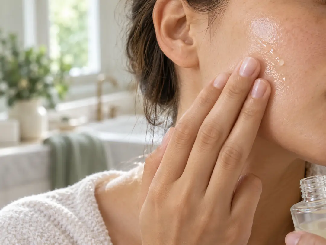 Temizlenmiş yanağa parmak uçlarıyla bastırılarak sürülen birkaç damla niasinamid serum