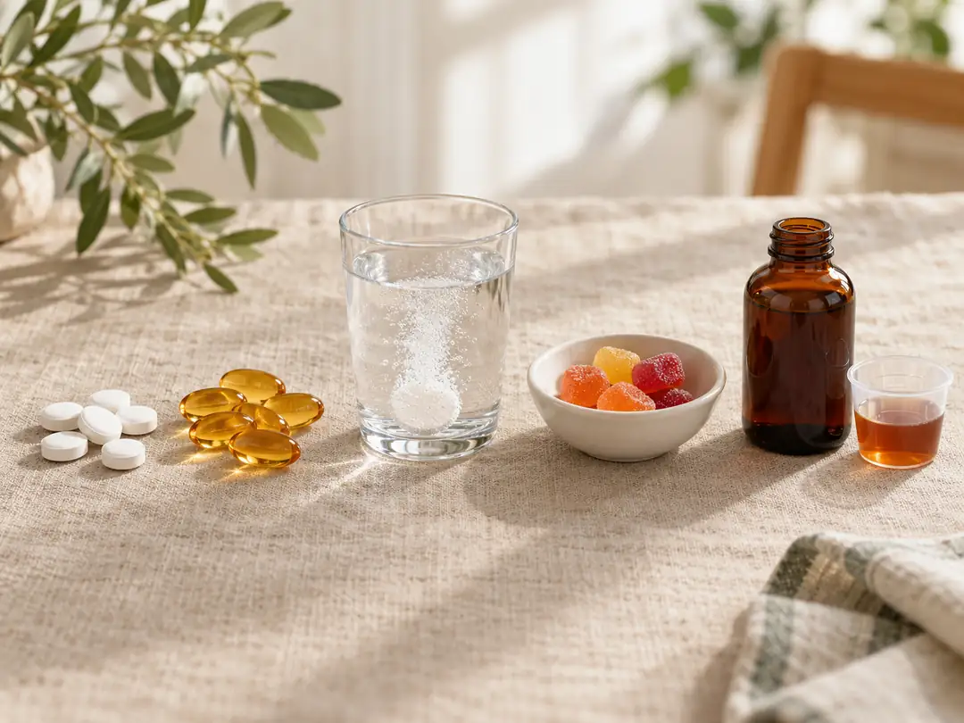 Farklı formlardaki multivitaminler bir arada.