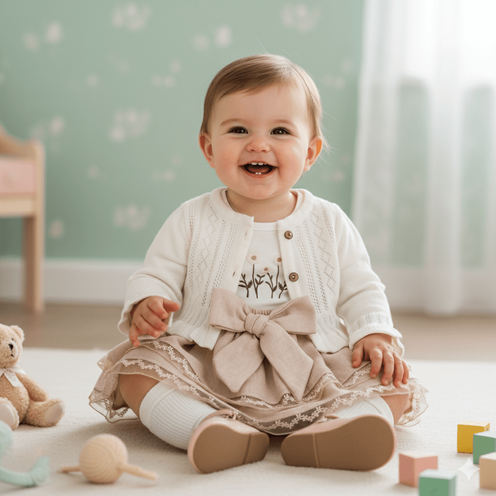 Kız Bebek 3’lü Set  Ajurlu Triko Hırka + Kolsuz Nakışlı T-Shirt + Dantel Kenarlı Kat Kat Şort-Etek (Fiyonk Detaylı)