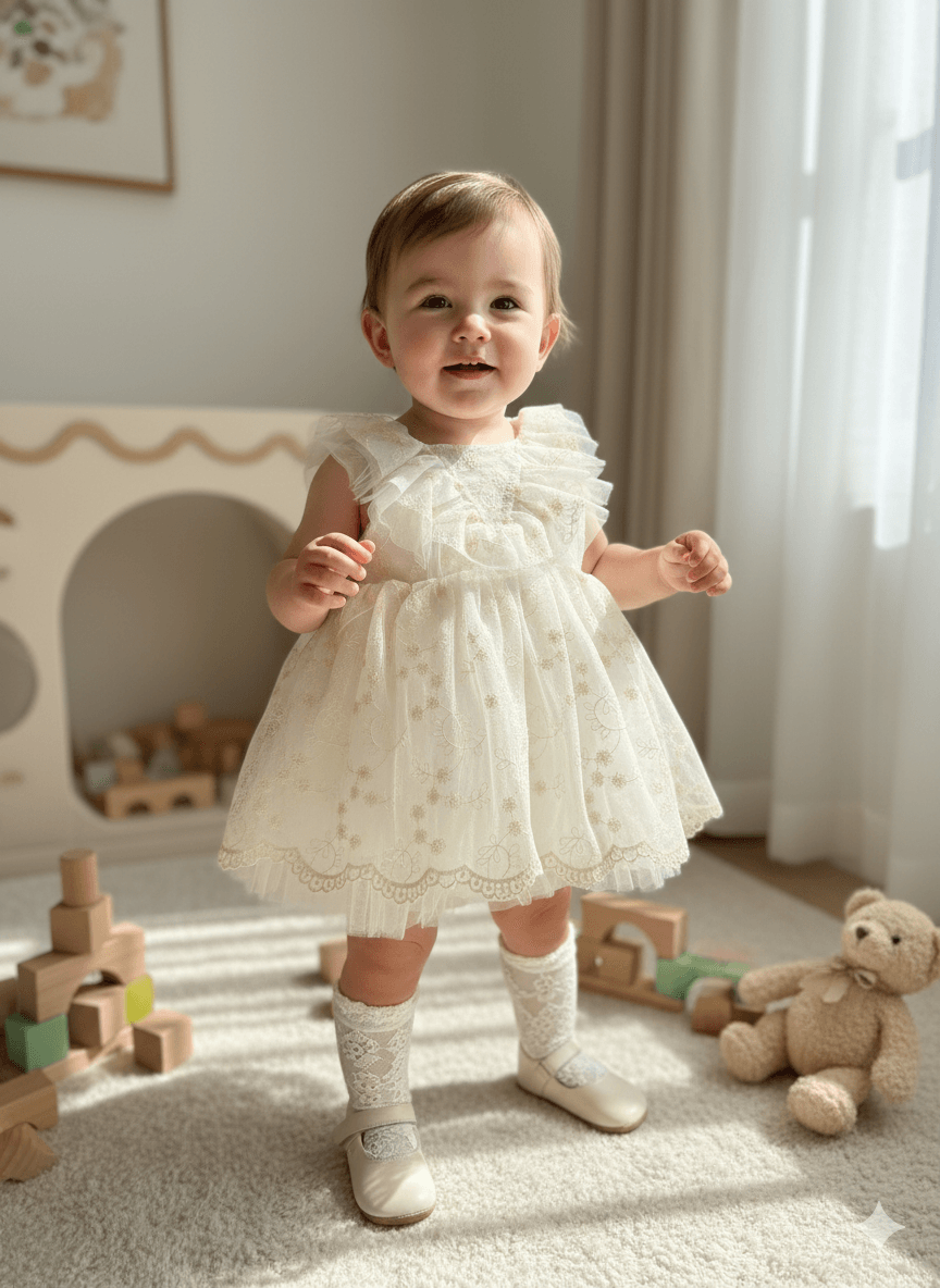 Krem Dantelli Tül Bebek Elbise ve Saç Bandı Takımı 3-6 Ay & 12-18 Ay Özel Gün, Doğum Günü