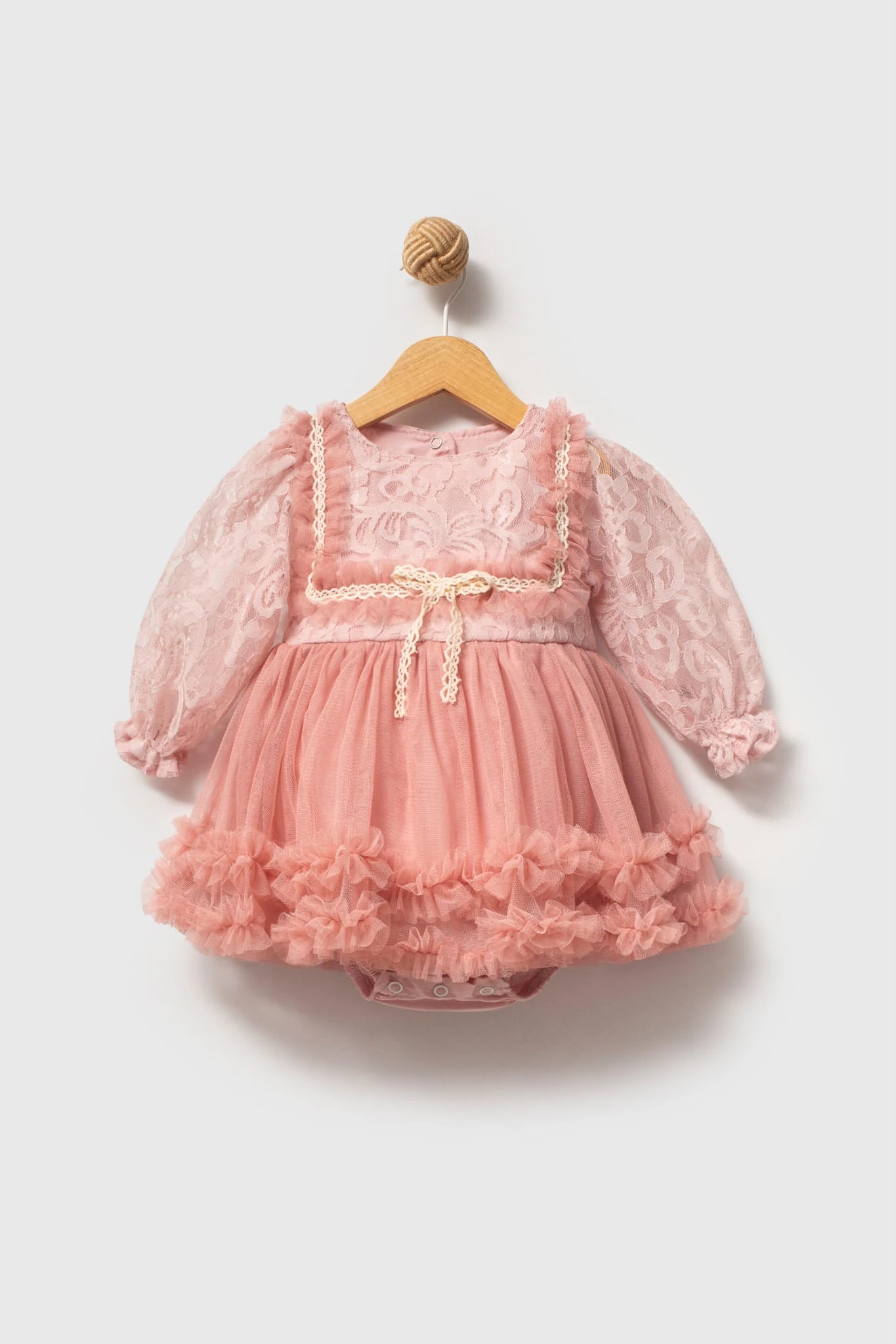 Bebek Kız Dantelli Tüllü Özel Gün Elbisesi- Soft Pembe