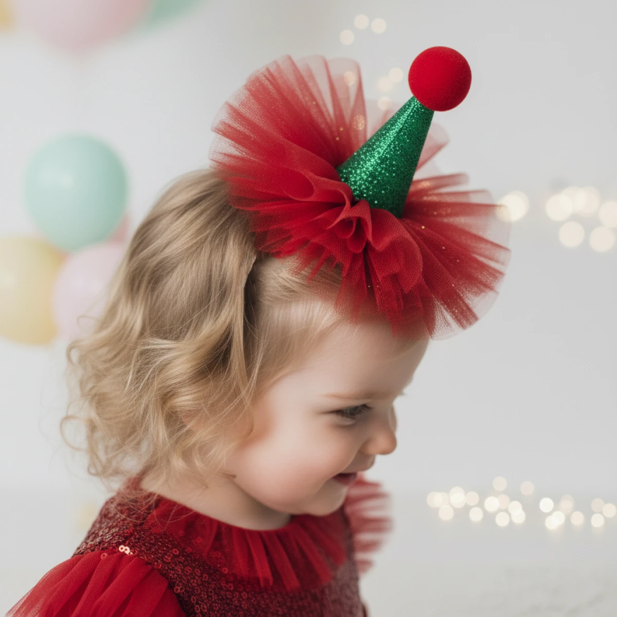 Kız Çocuk Kırmızı Tüllü Yeşil Simli Parti Tacı – Doğum Günü ve Yeni Yıl Konsept Aksesuarı