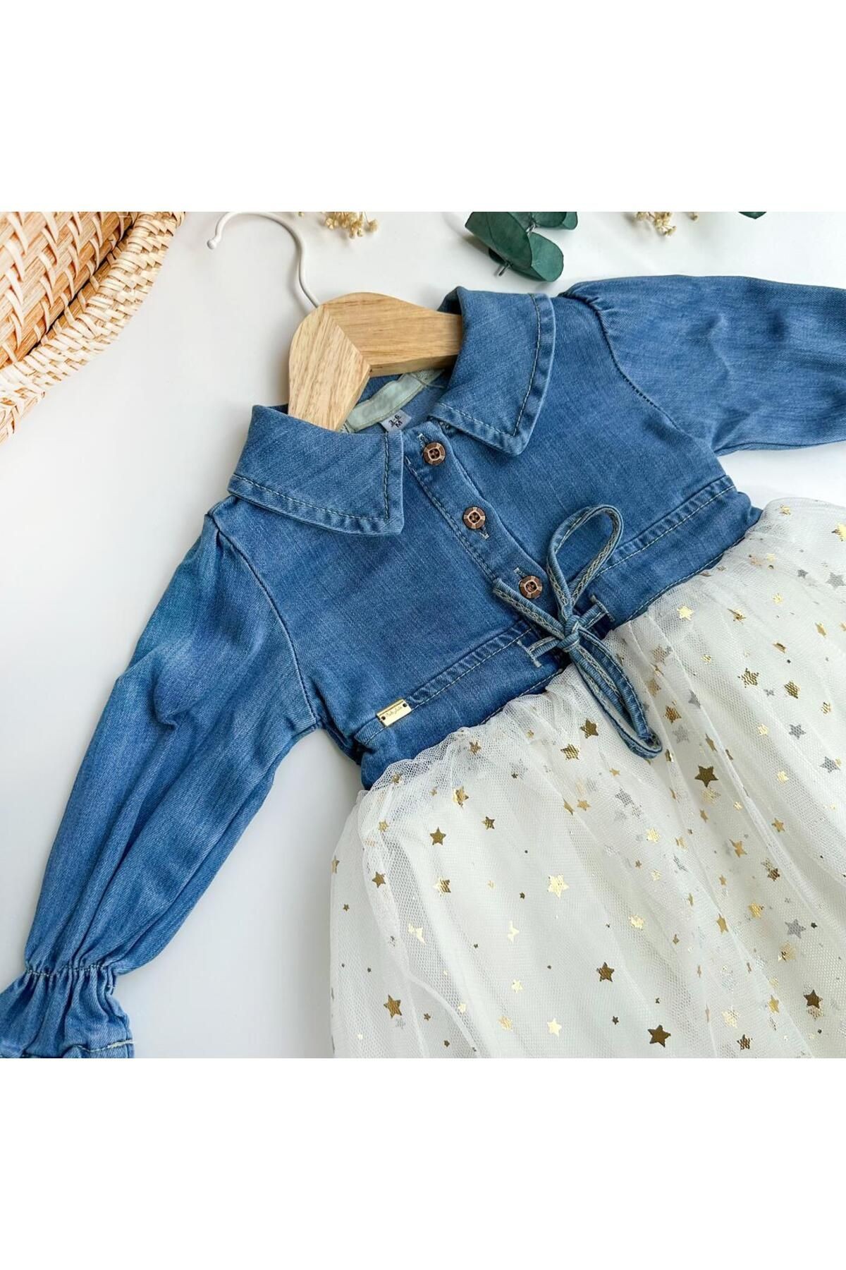 Üstü Denim, Altı Yıldızlı Tüllü Kız Bebek Elbisesi
